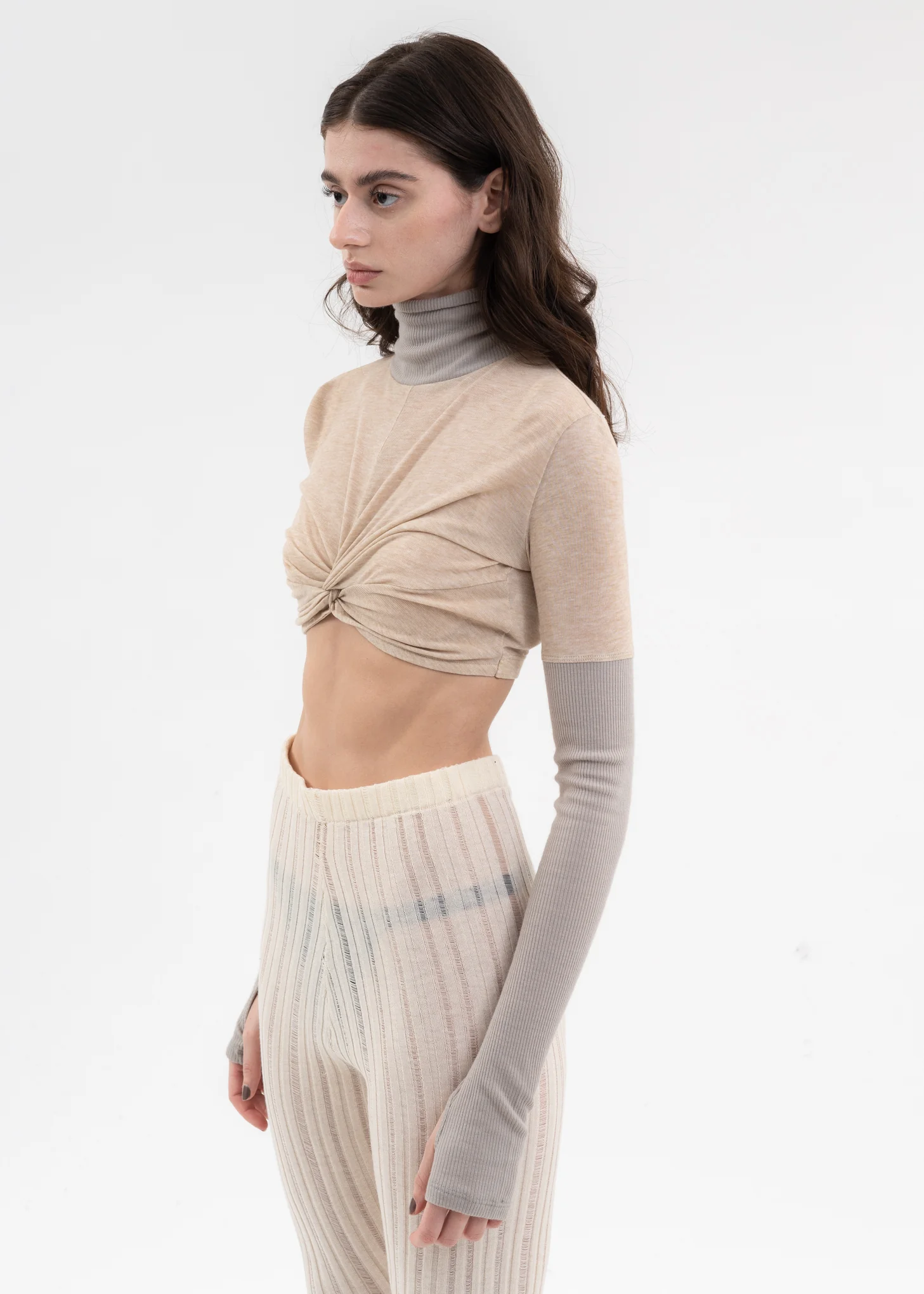 Nude And Grey Patchwork Turtleneck Top - Image 4