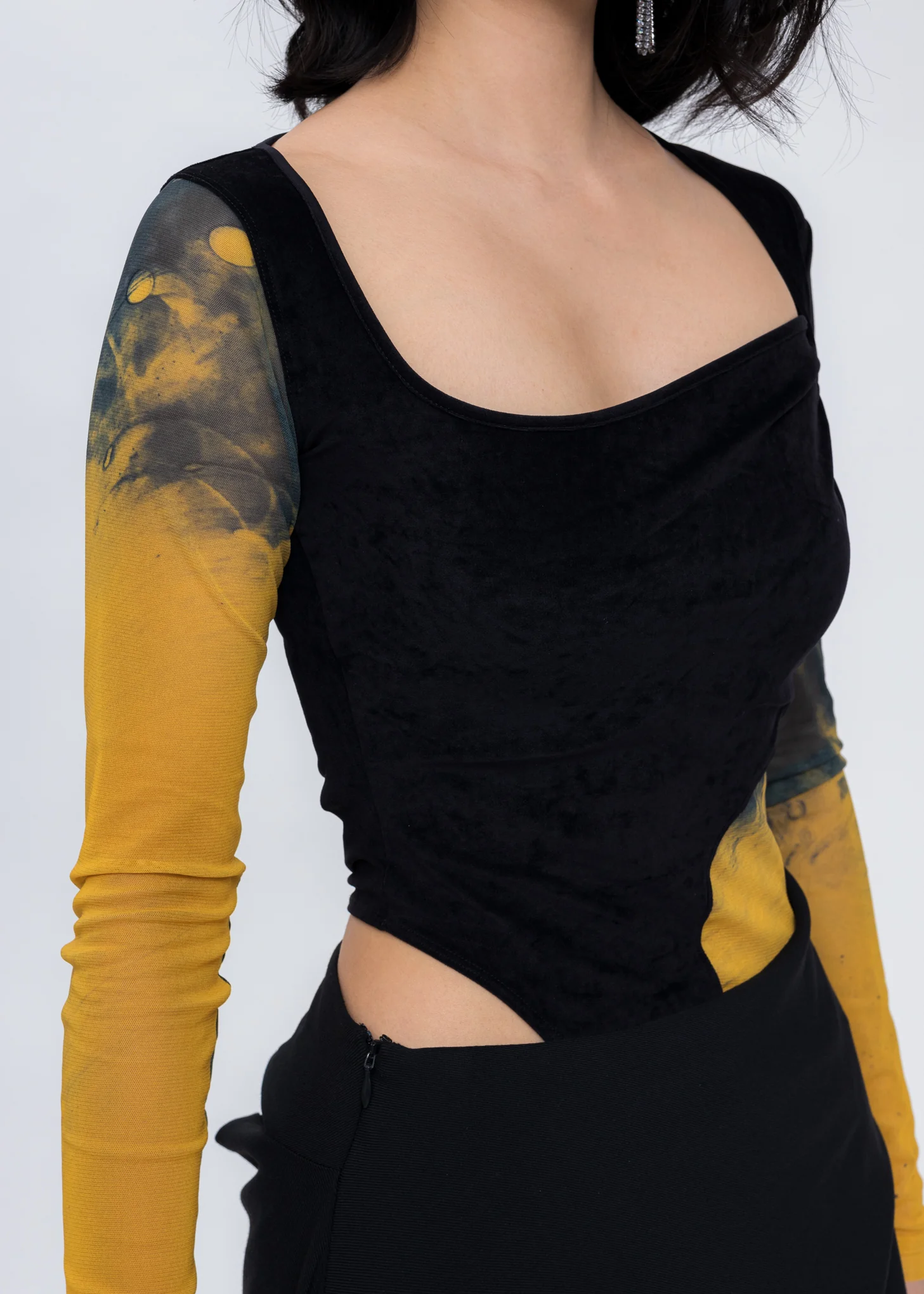 Orange Printed Patchwork Velvet Bodysuit - Image 4