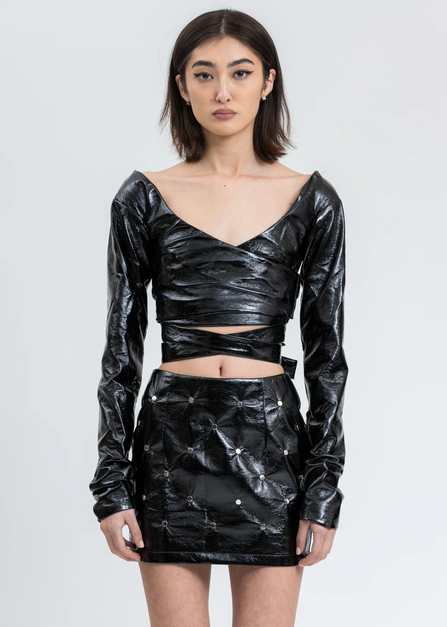 Black Faux Patent Leather Cropped Tie Top