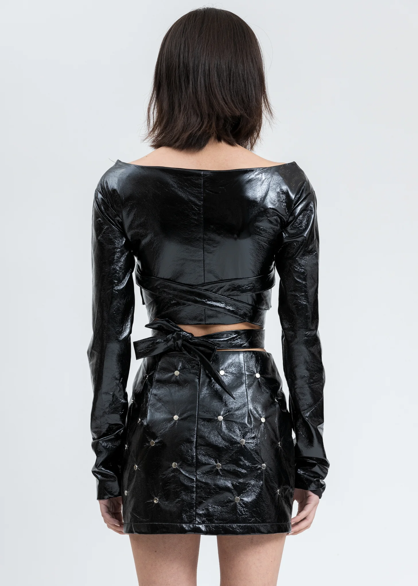 Black Faux Patent Leather Cropped Tie Top - Image 2