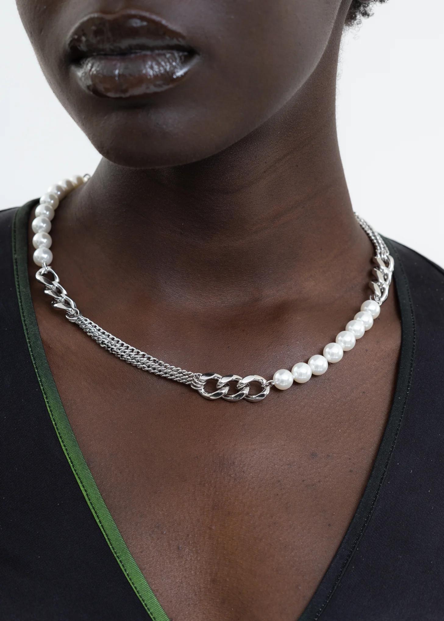 Pearl And Mix Chains Cuban Lock Necklace - Image 2
