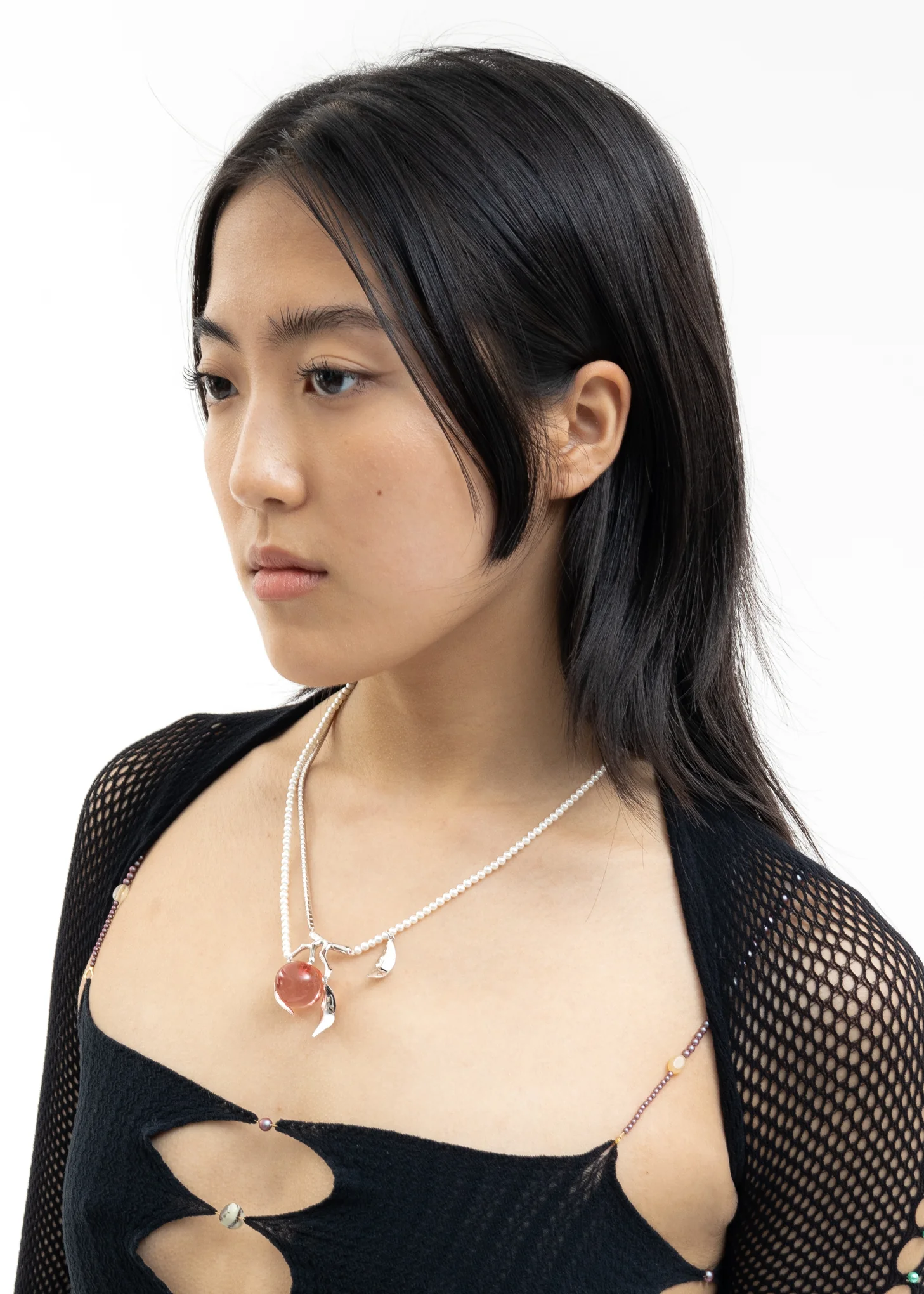Pearl And Pink Peach Necklace With Silver Leaves - Image 3