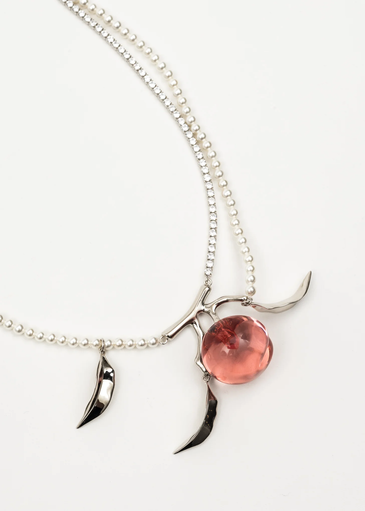 Pearl And Pink Peach Necklace With Silver Leaves - Image 4