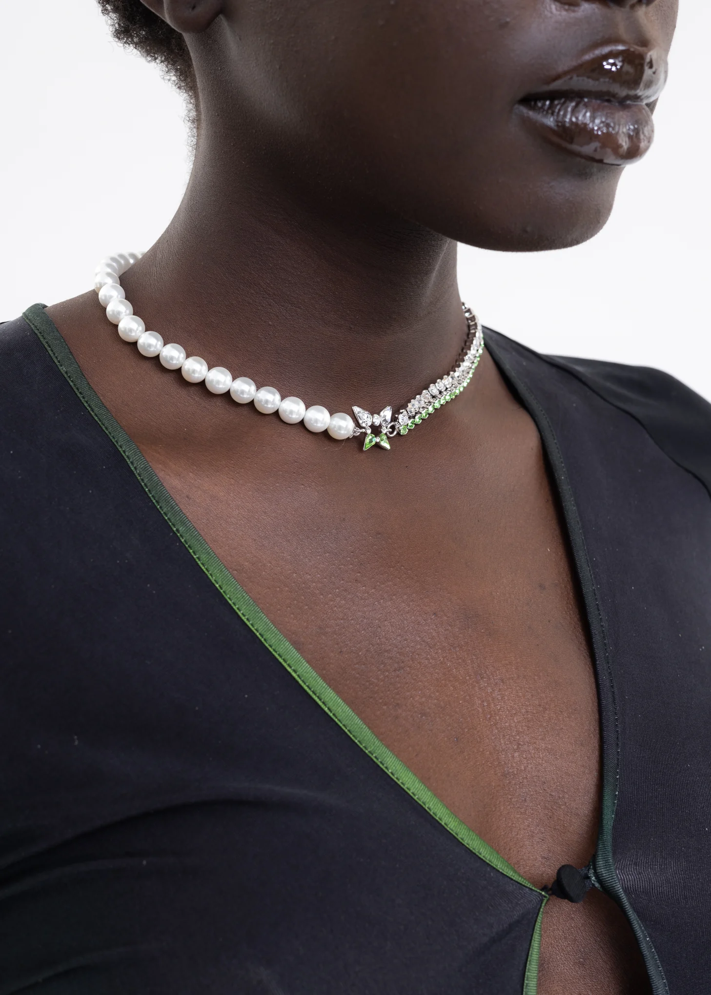 Pearl And Silver, Green Stone Butterfly Necklace - Image 2
