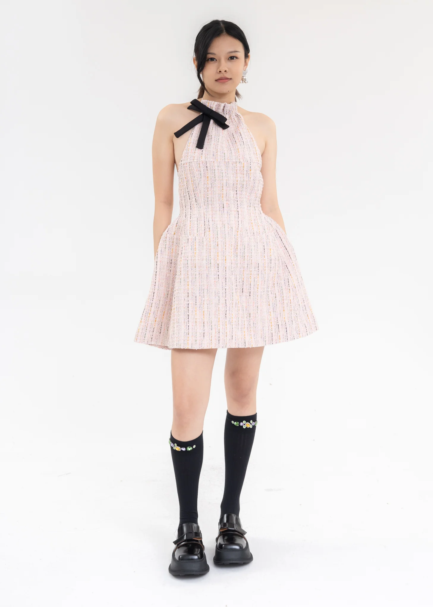 Pink And White Halterneck A Line Dress