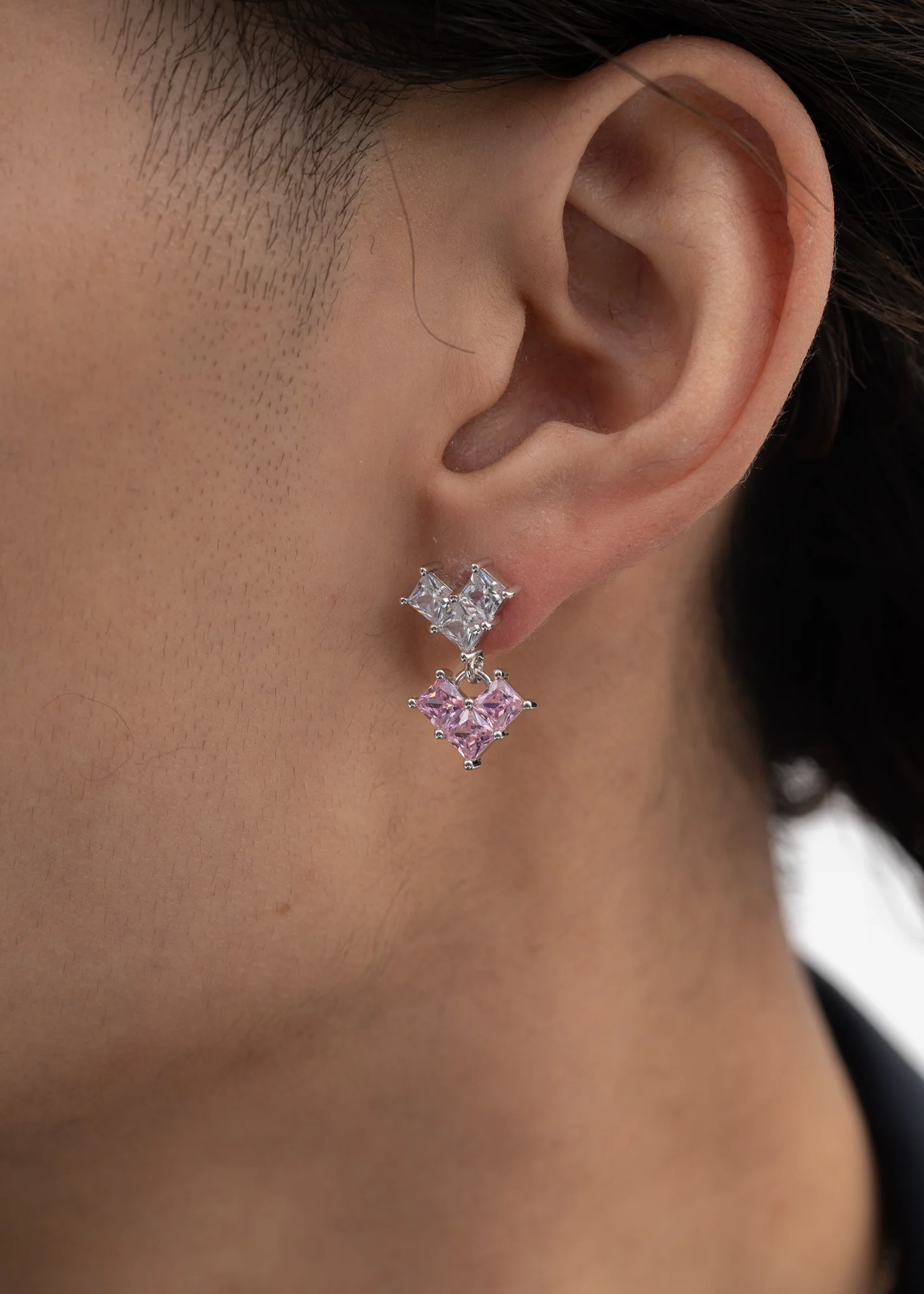 Pink And White Rhinestone Hearts Earring - Single - Image 3