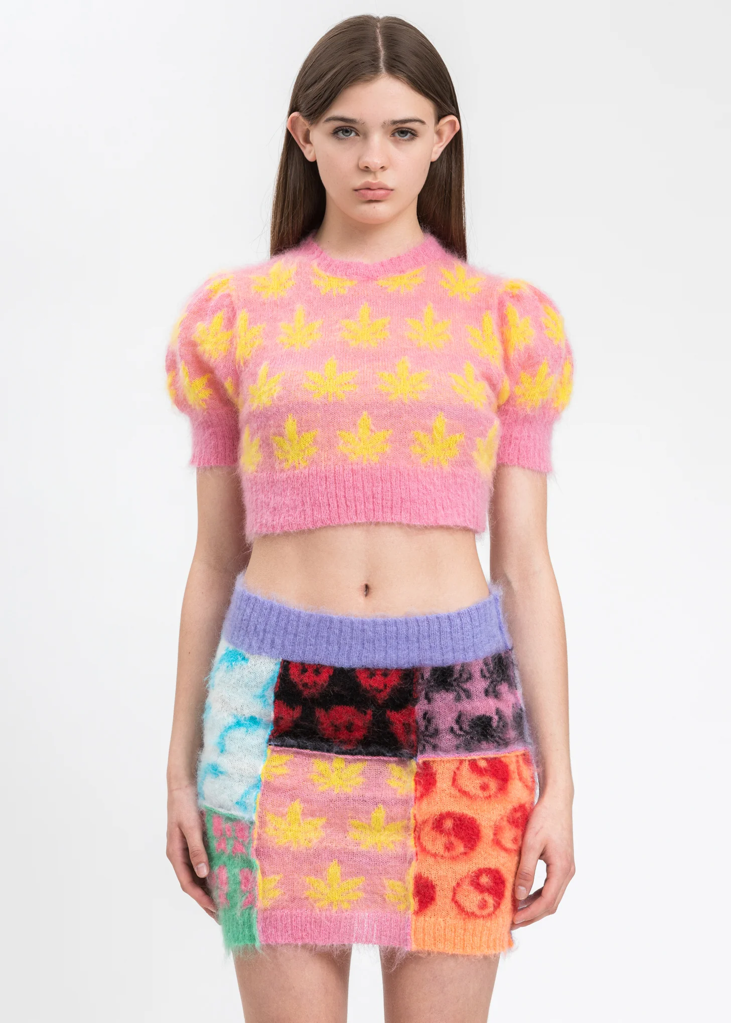 Pink And Yellow Leaves Cropped Sweater