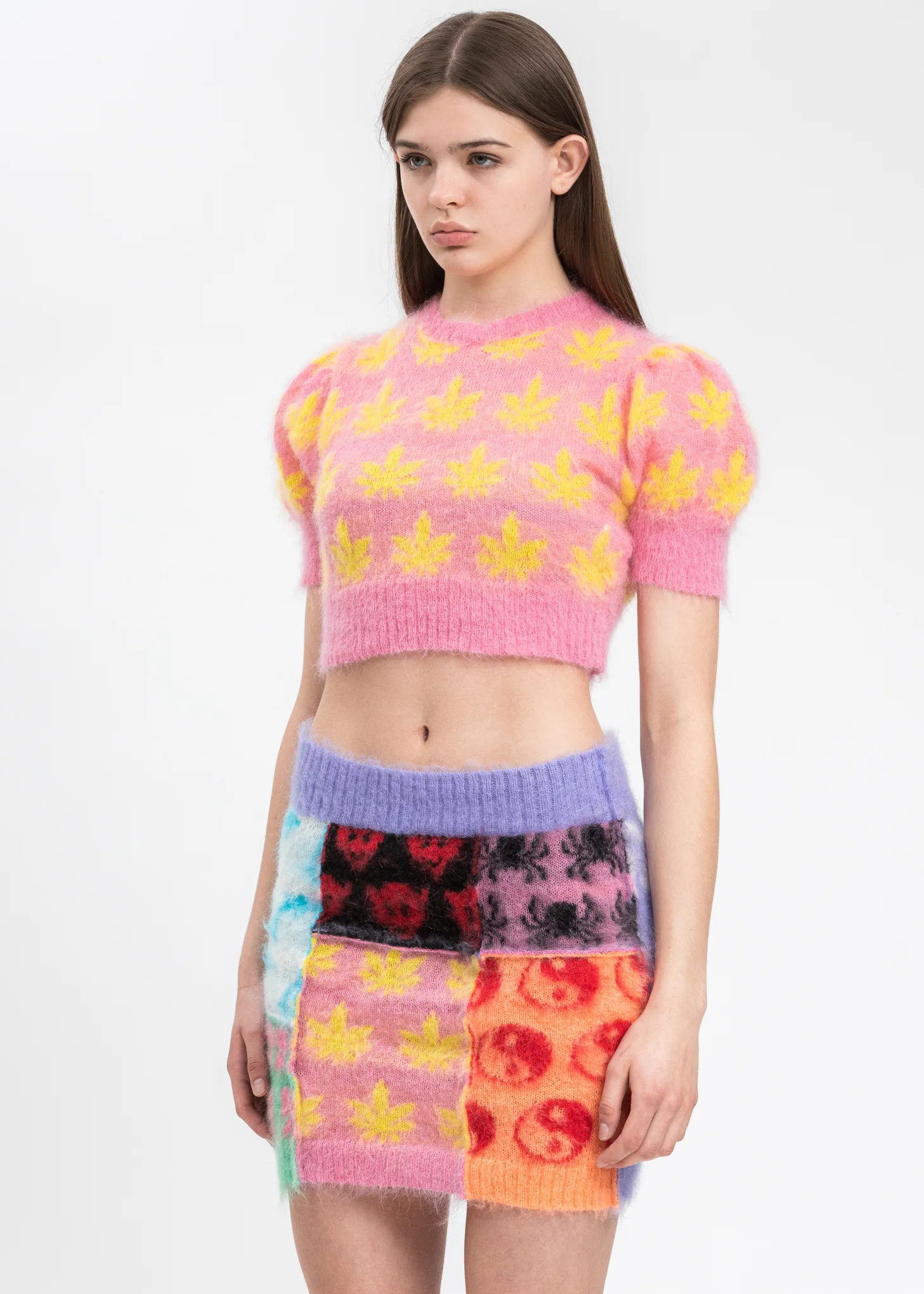 Pink And Yellow Leaves Cropped Sweater - Image 4