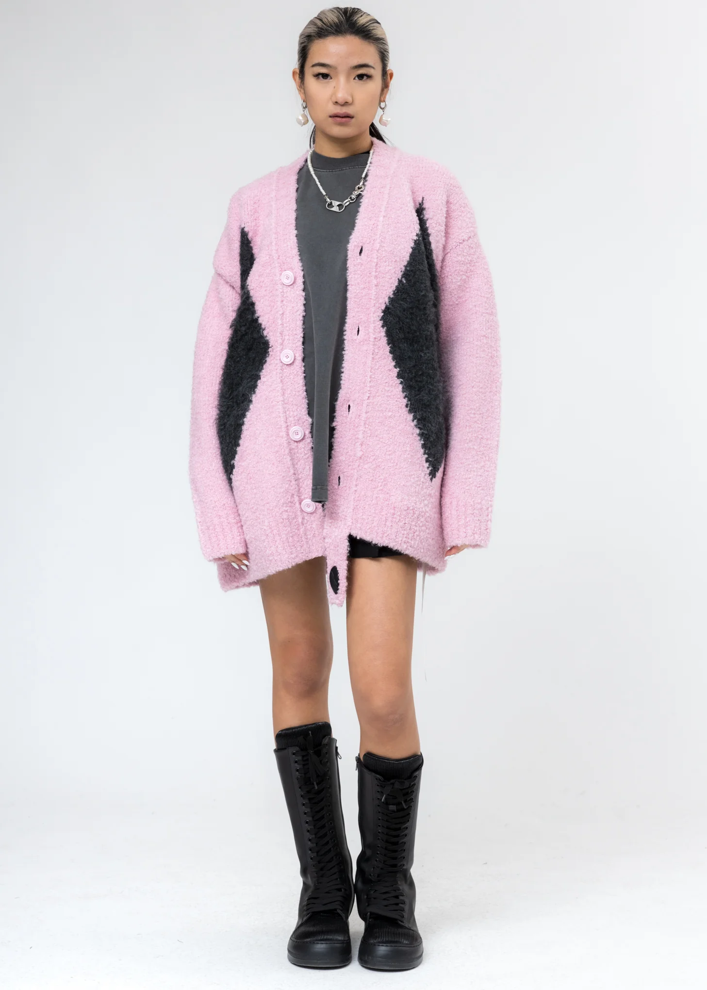 Pink Argyle Knit Cardigan - Image 2
