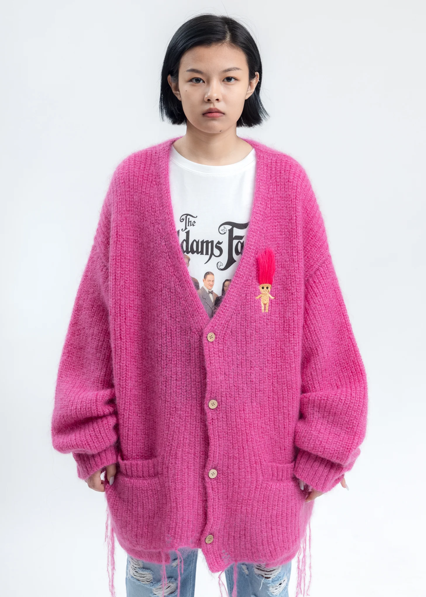 Pink Doll Embroidery Mohair Cardigan
