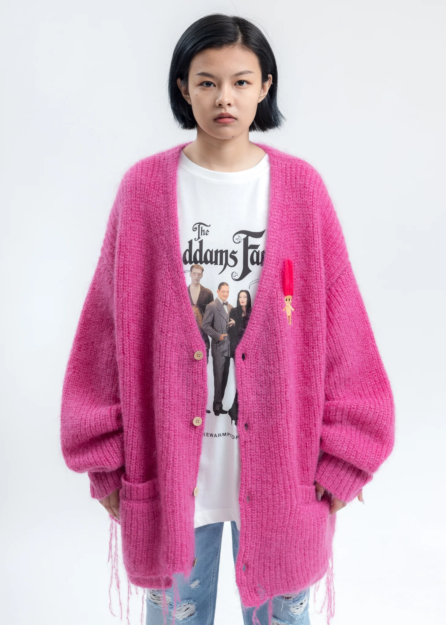 Pink Doll Embroidery Mohair Cardigan - Image 3