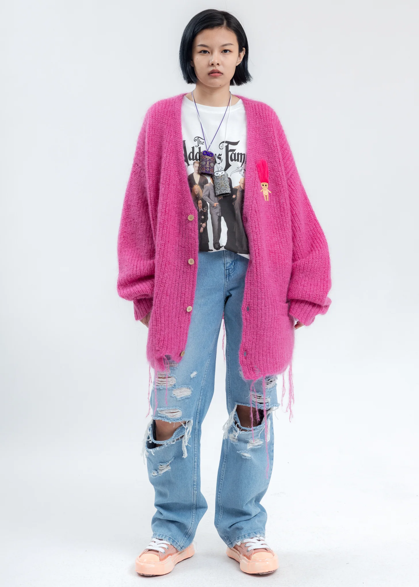 Pink Doll Embroidery Mohair Cardigan - Image 6