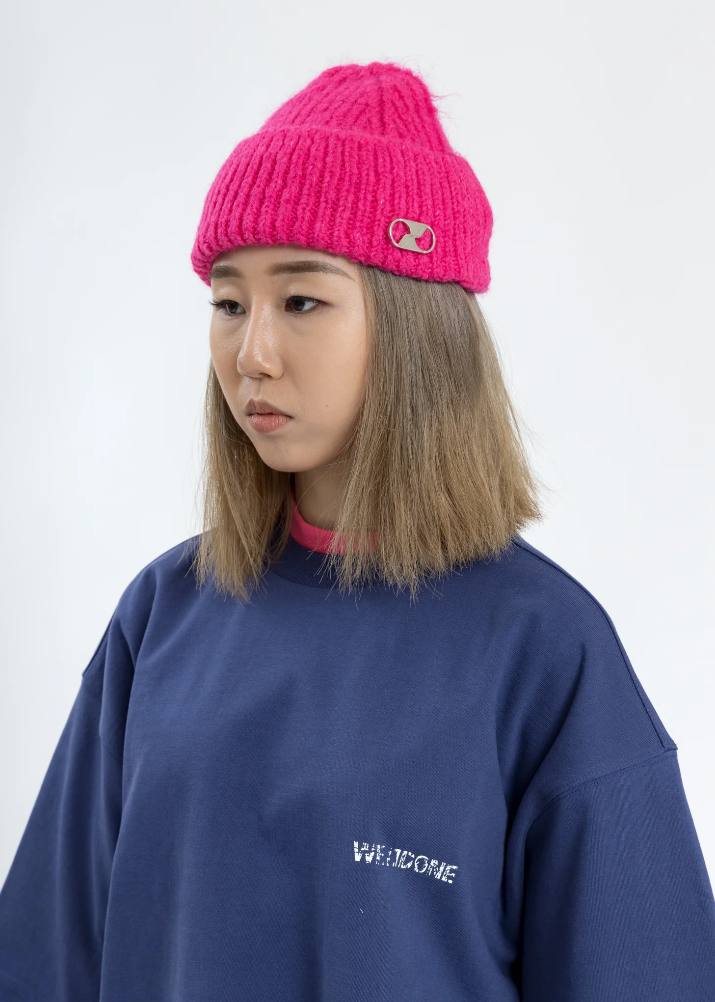Pink Embroidered Metal Logo Short Beanie - Image 3