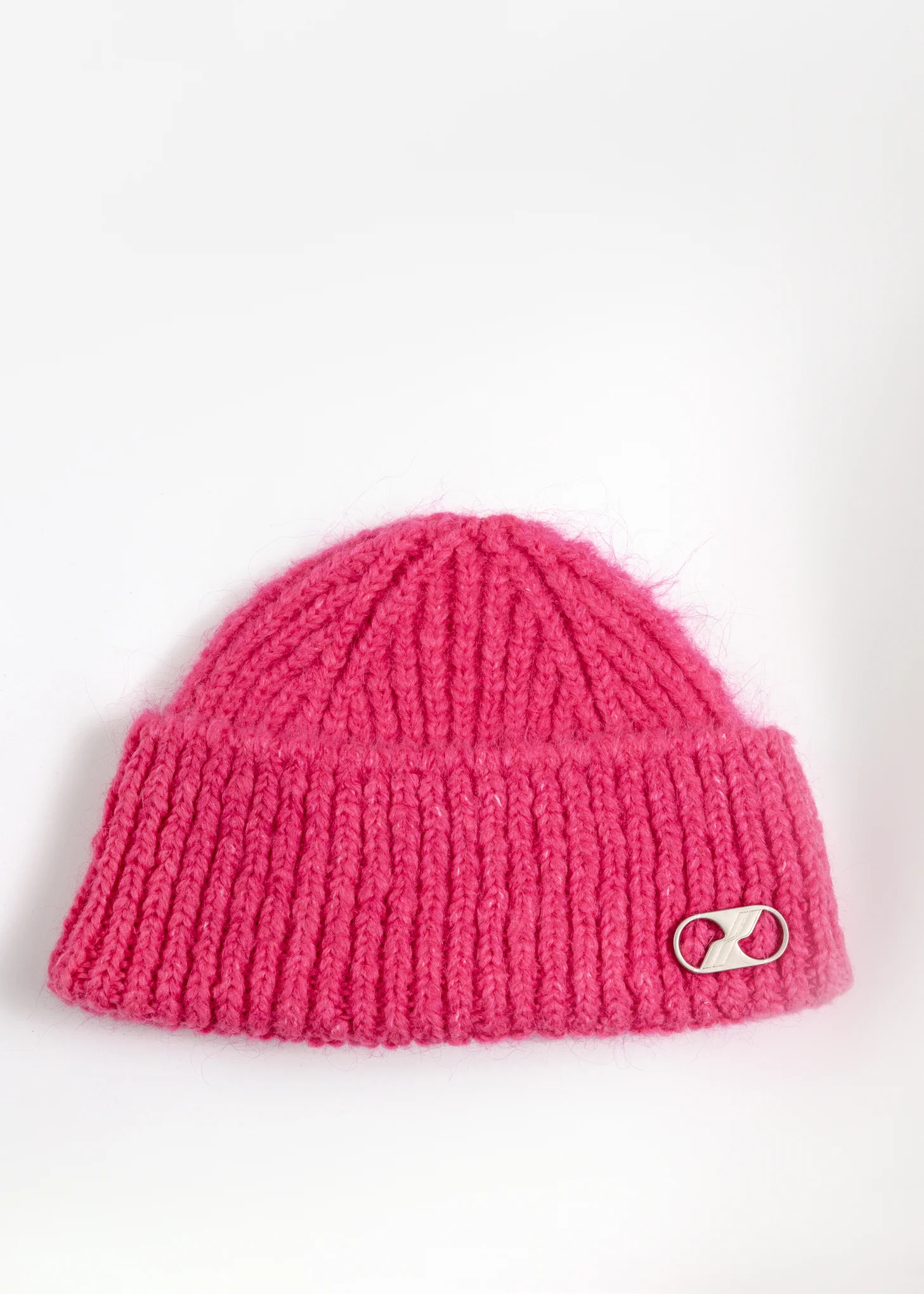 Pink Embroidered Metal Logo Short Beanie