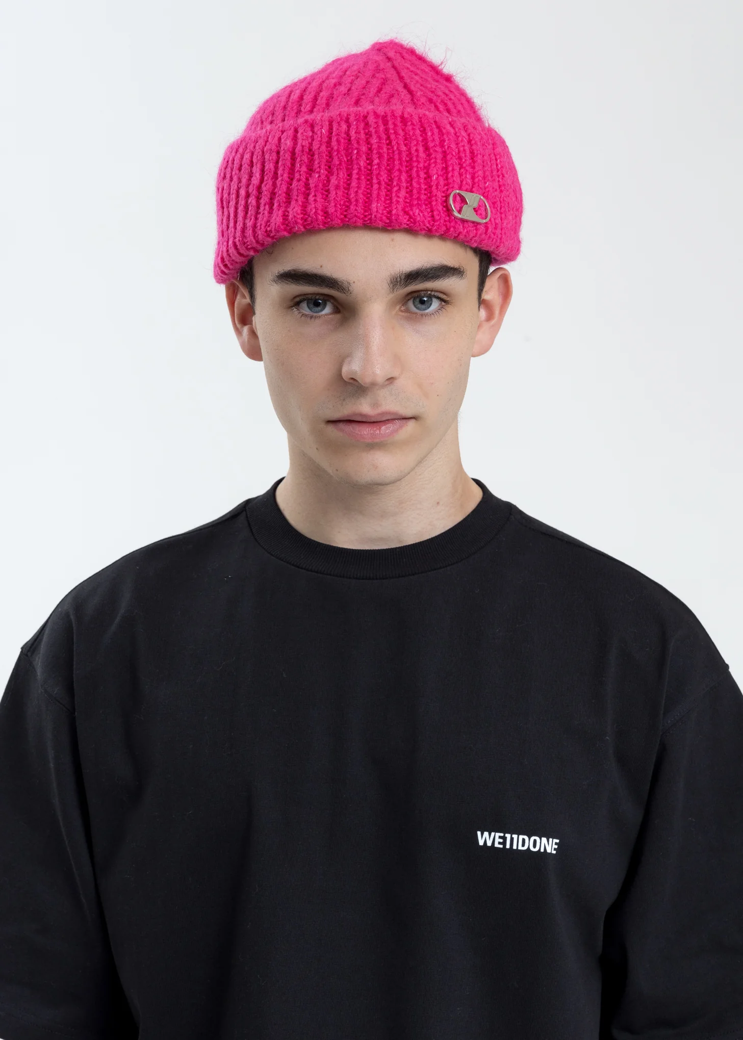 Pink Embroidered Metal Logo Short Beanie - Image 2