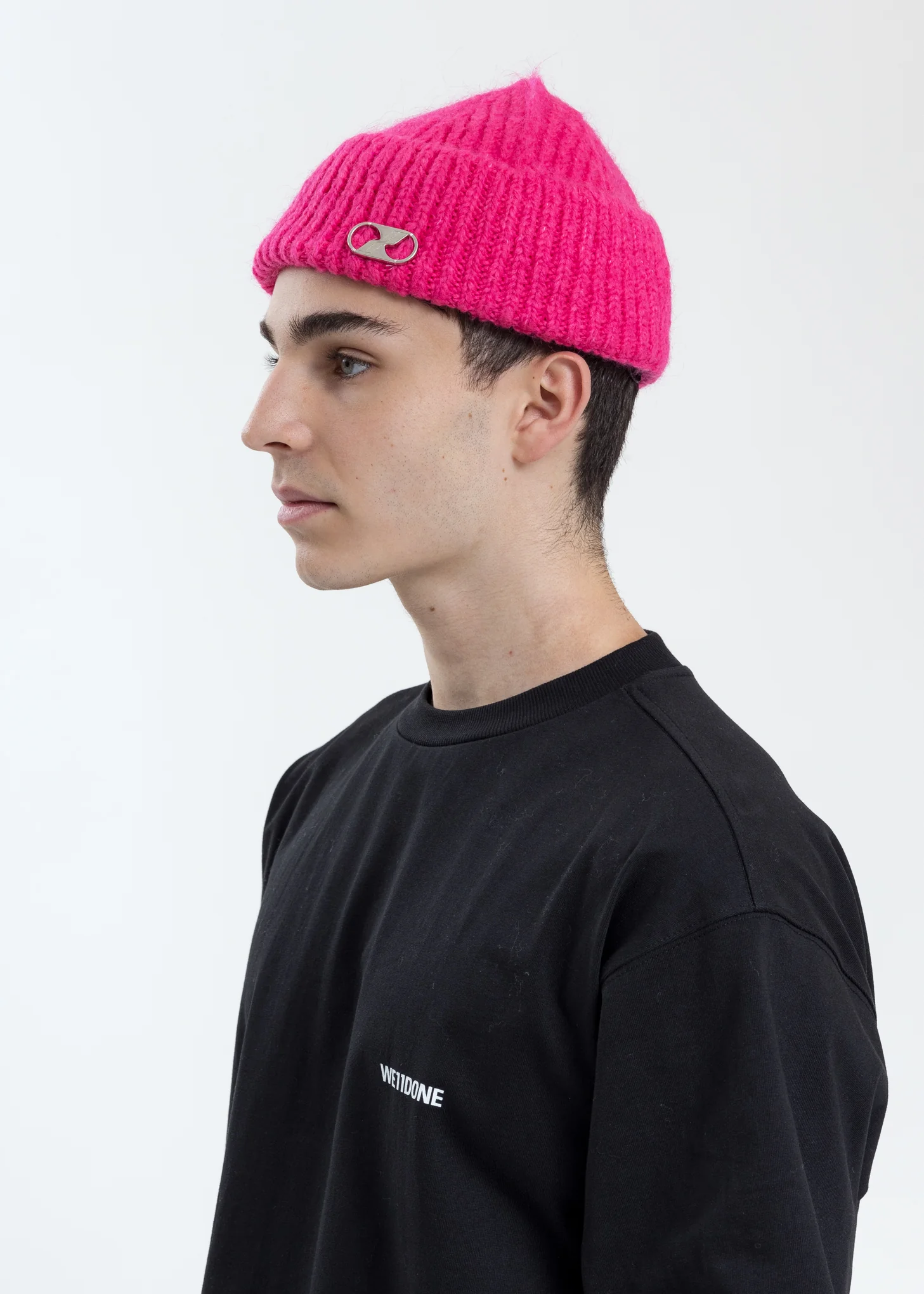 Pink Embroidered Metal Logo Short Beanie - Image 3