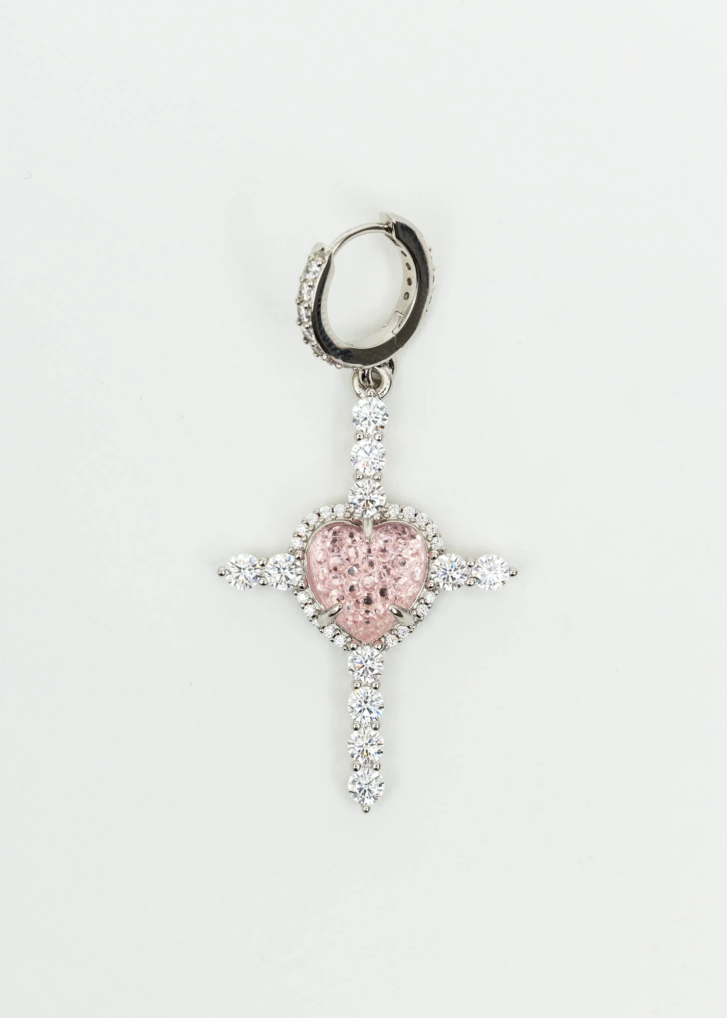 Pink Heart and Rhinestone Cross Earring - Single