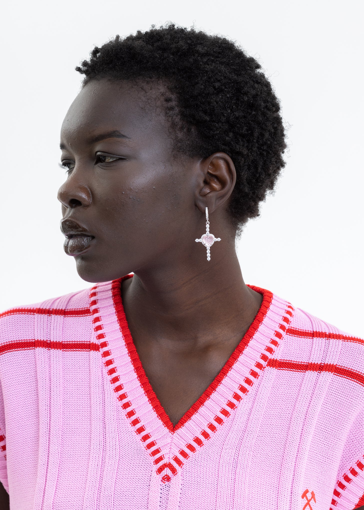 Pink Heart and Rhinestone Cross Earring - Single - Image 2