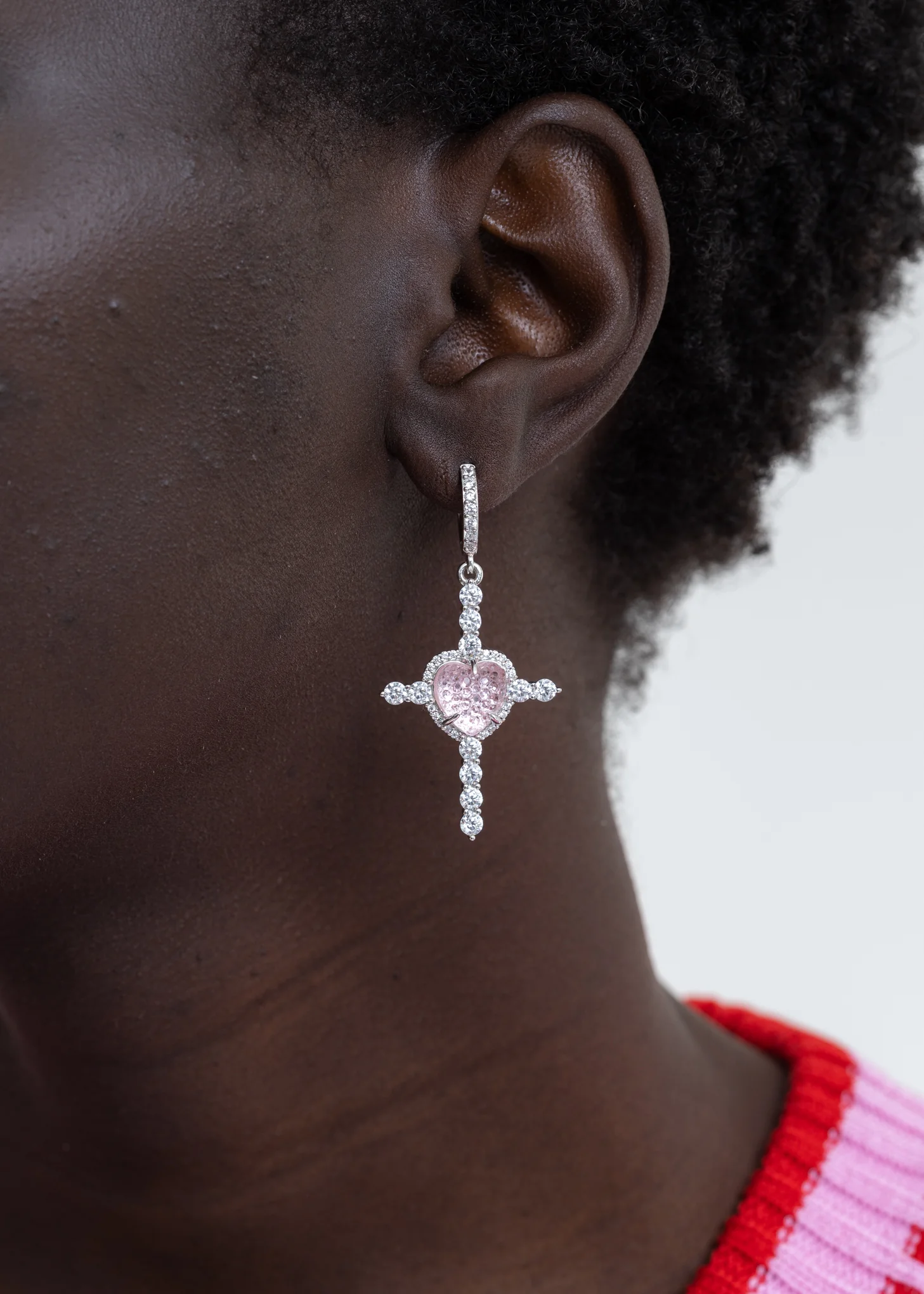Pink Heart and Rhinestone Cross Earring - Single - Image 3