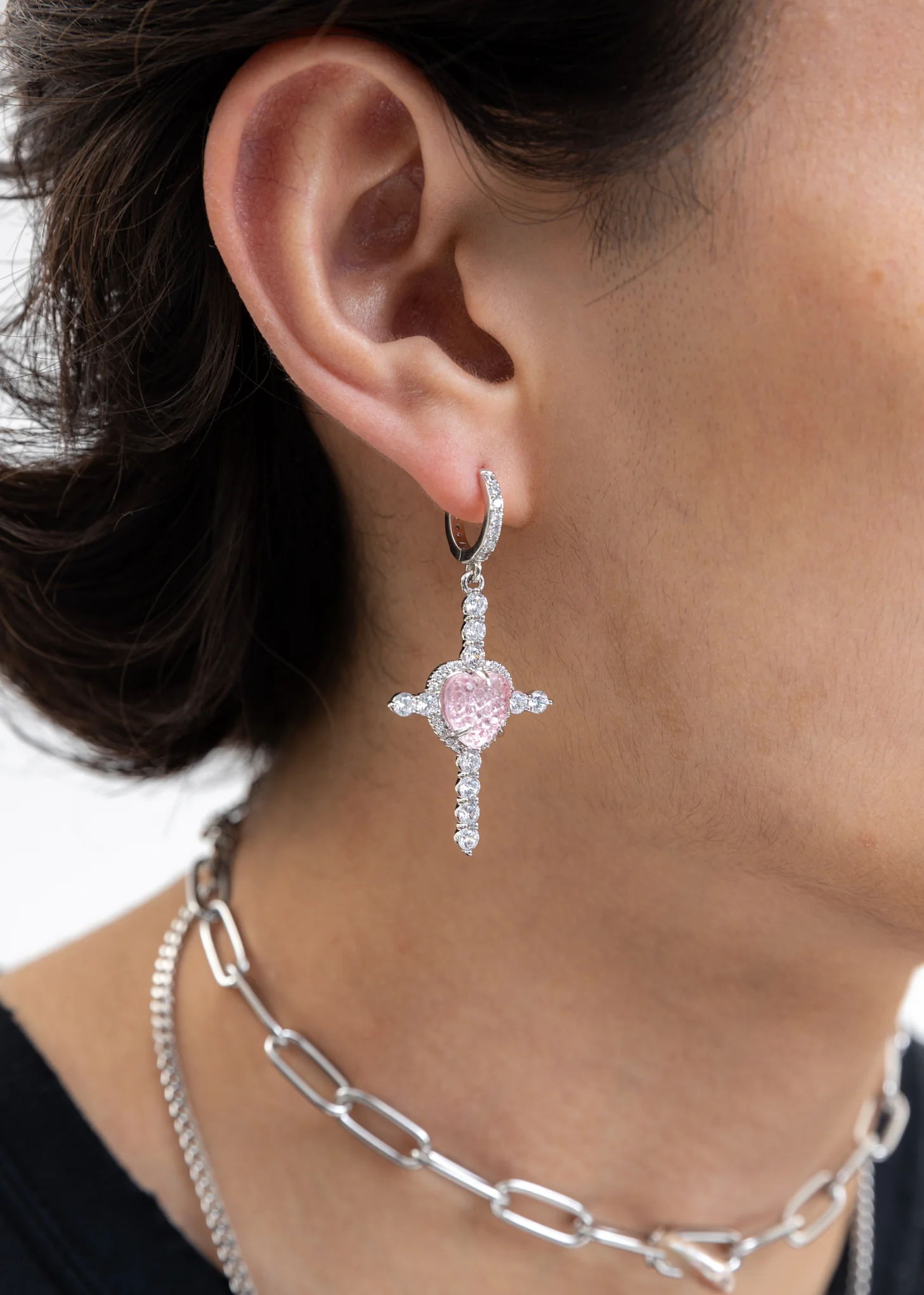 Pink Heart and Rhinestone Cross Earring - Single - Image 2