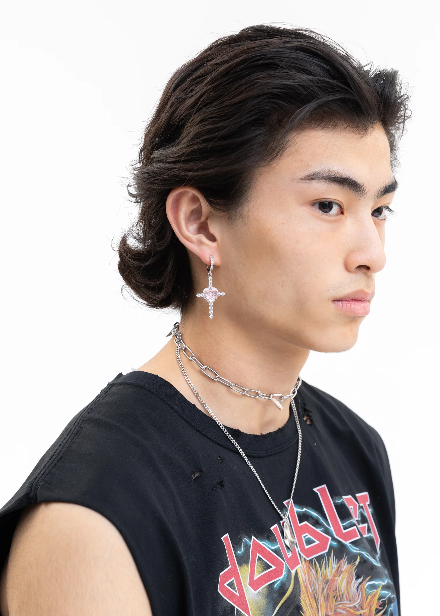 Pink Heart and Rhinestone Cross Earring - Single - Image 3