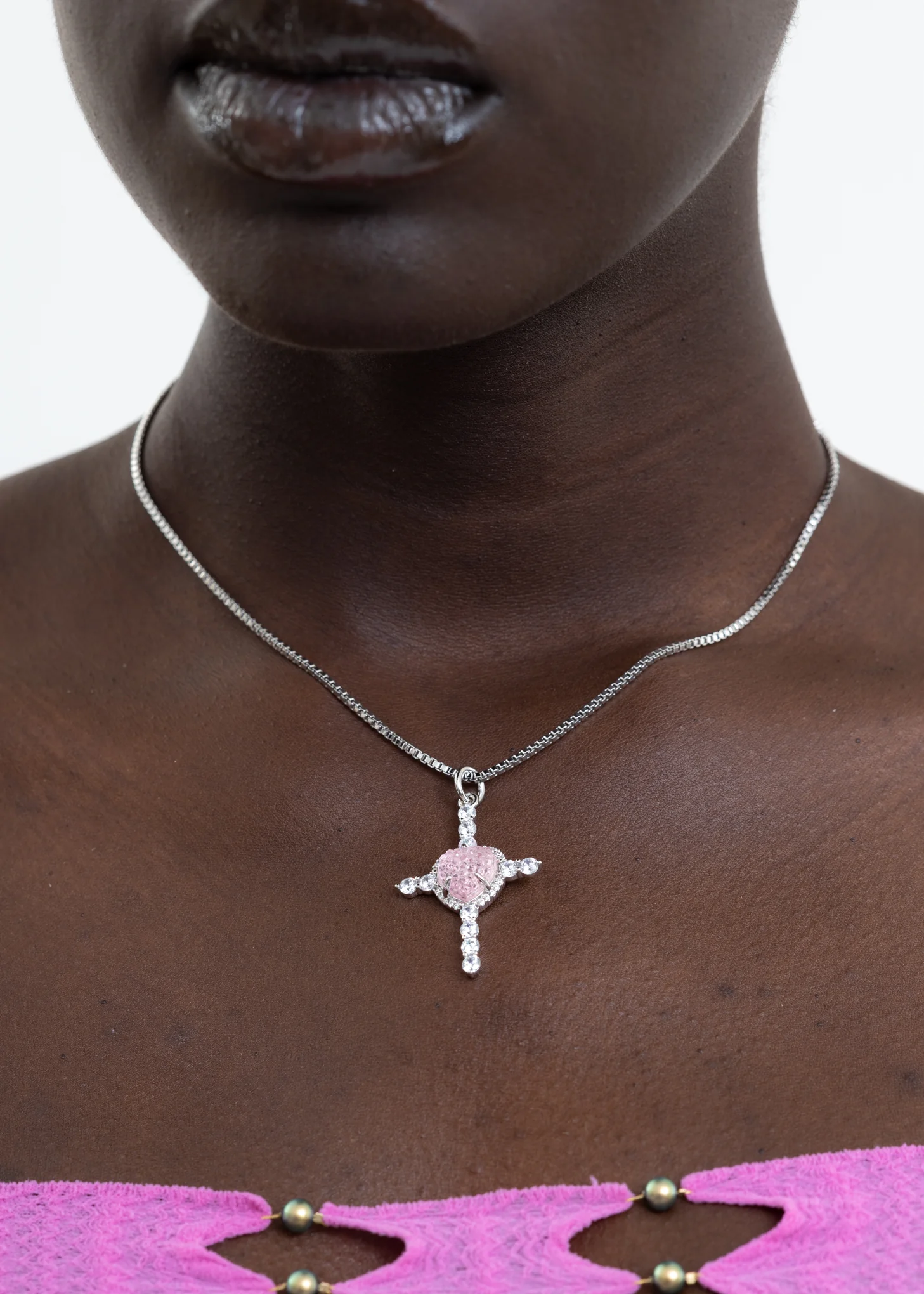 Pink Heart Rhinestone Cross Necklace - Image 3
