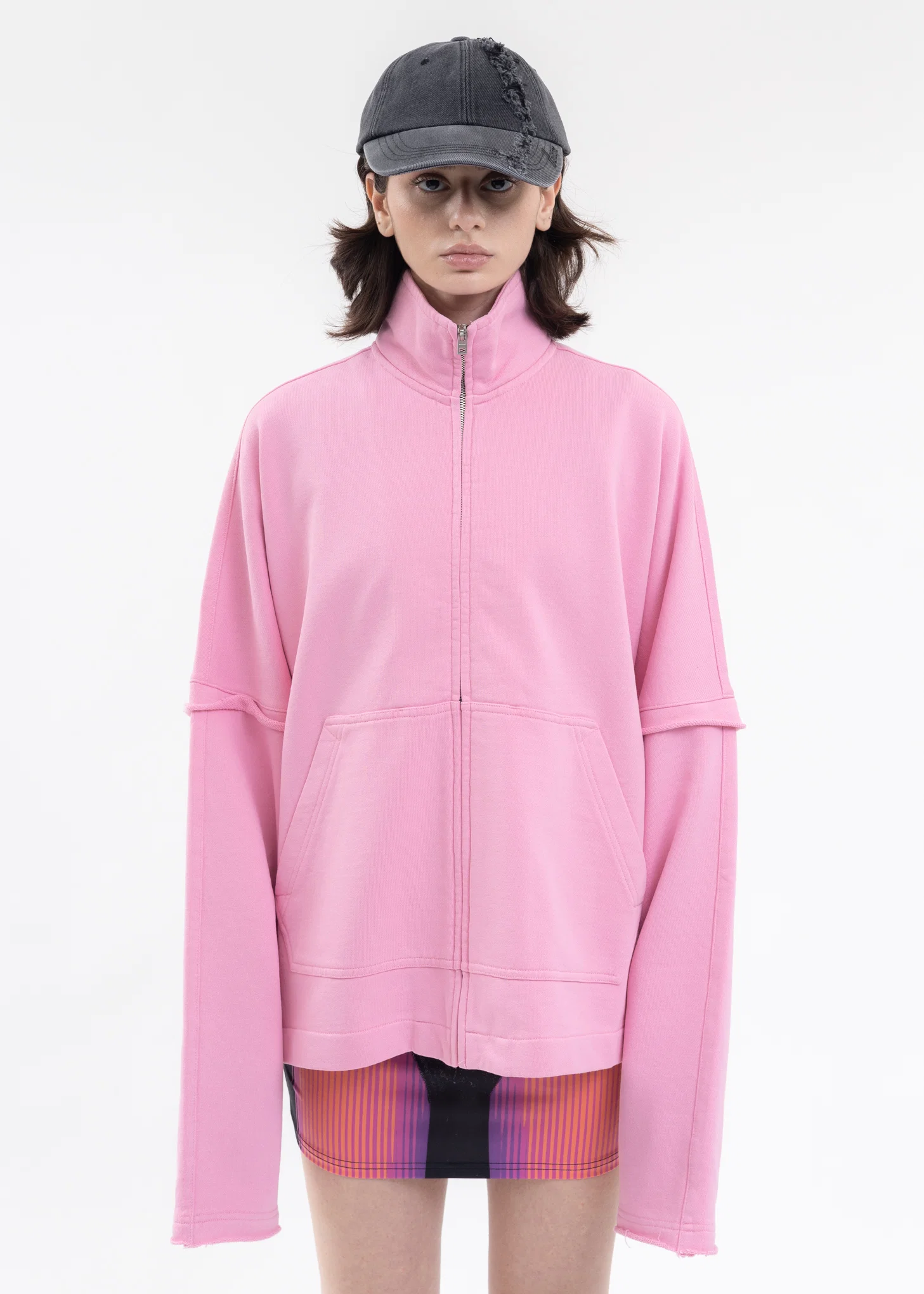 PINK HIGH NECK JERSEY ZIP-UP SWEATSHIRT