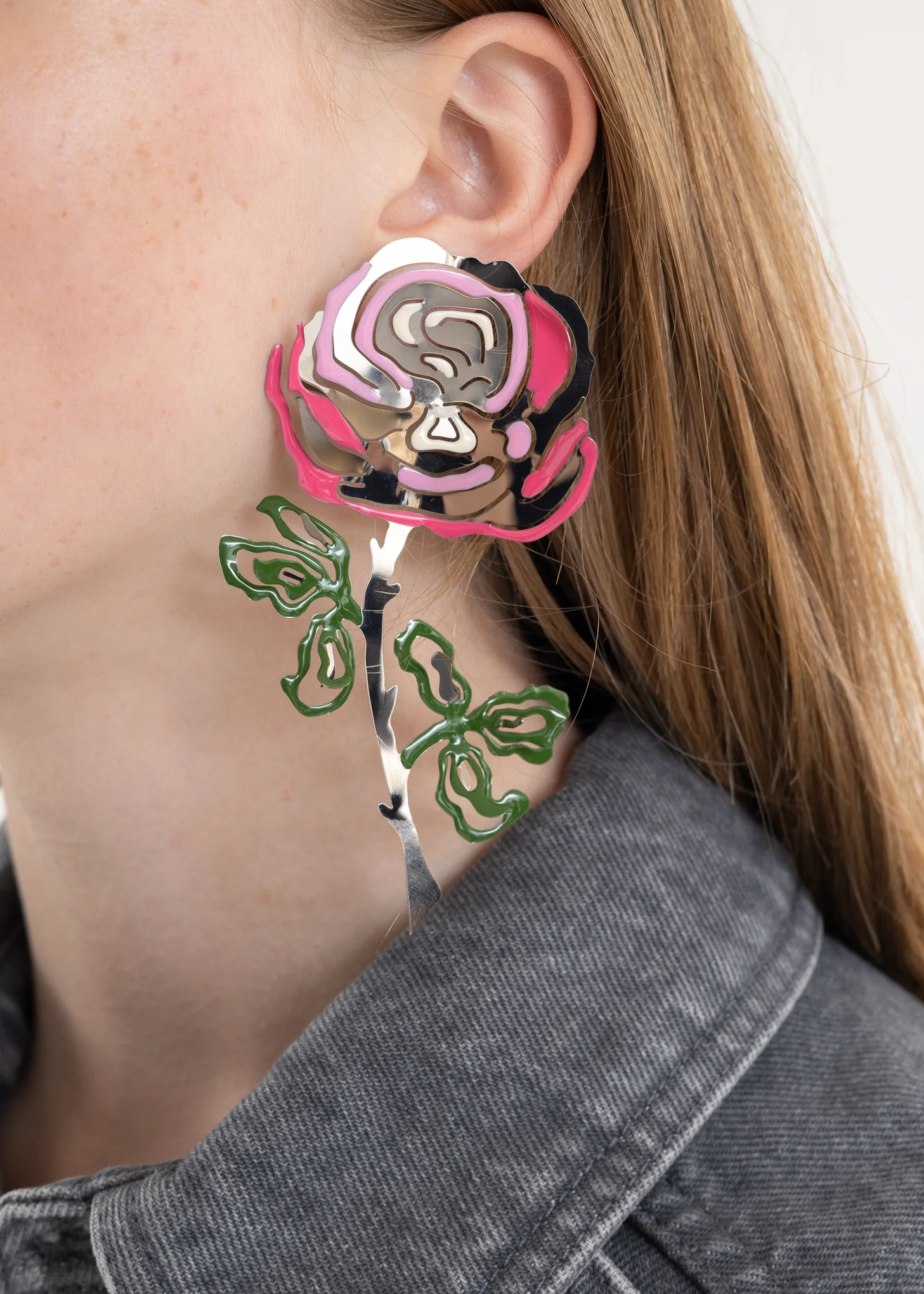 PINK / RED / GREEN / SILVER ROSE EARRING - Single - Image 3