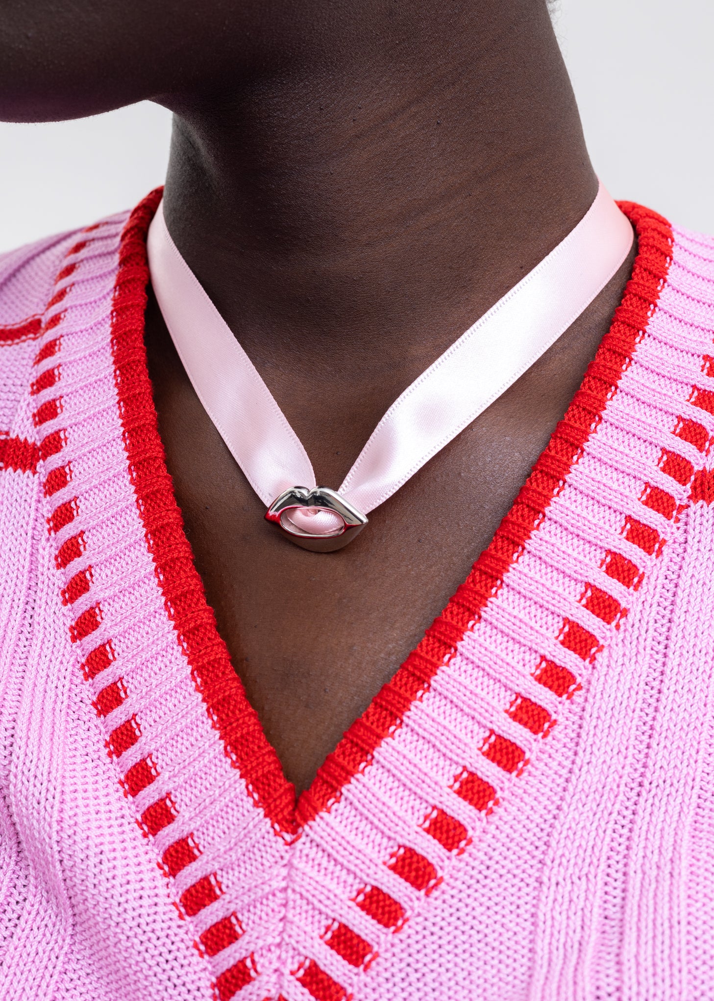 PINK RIBBON CHOKER W/ SILVER LIP - Image 5