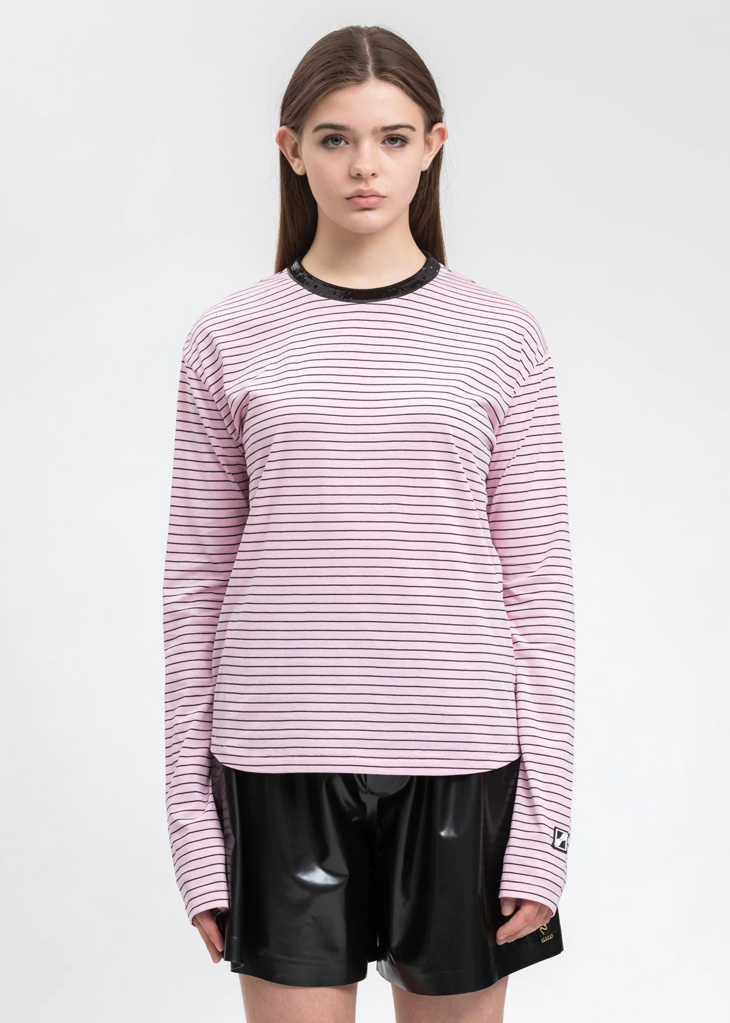 Pink Sequins Trim Neck Stripe Long Sleeve