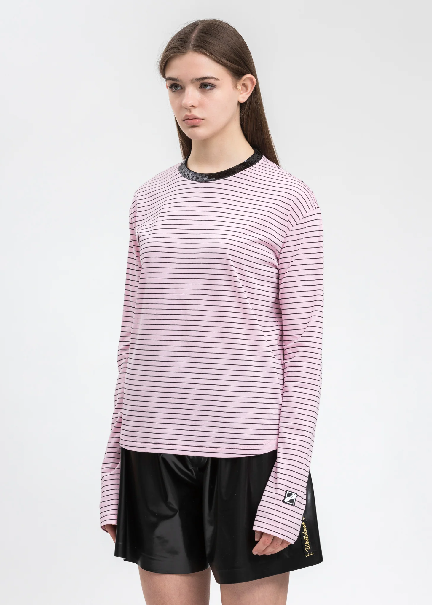 Pink Sequins Trim Neck Stripe Long Sleeve - Image 2