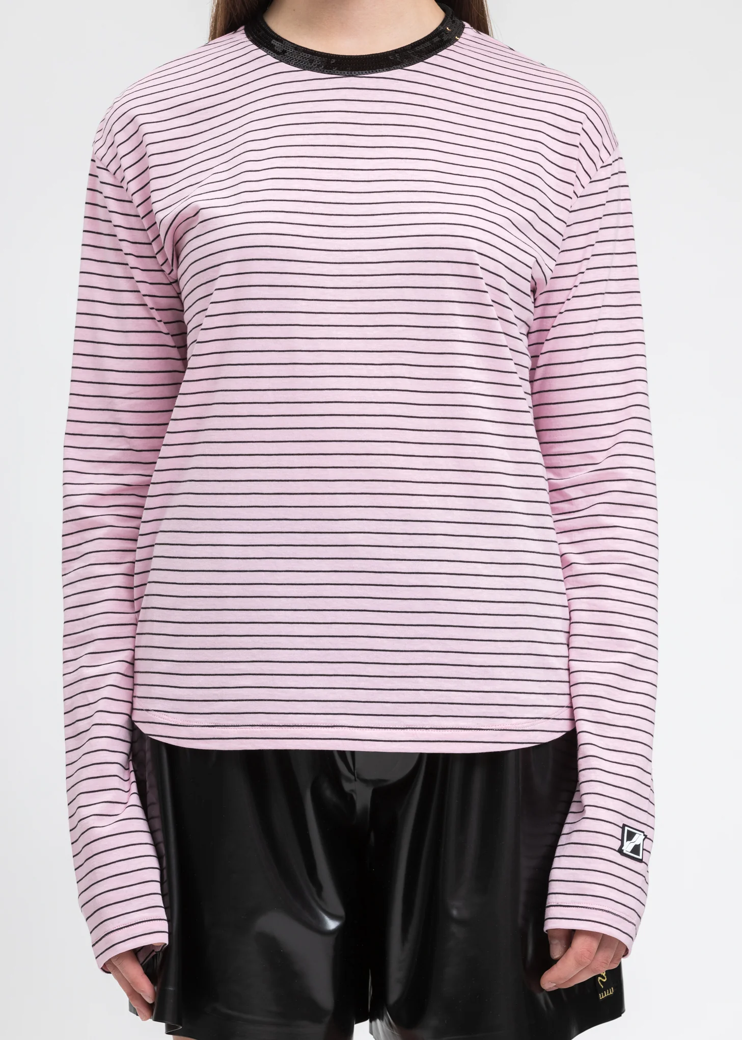 Pink Sequins Trim Neck Stripe Long Sleeve - Image 3