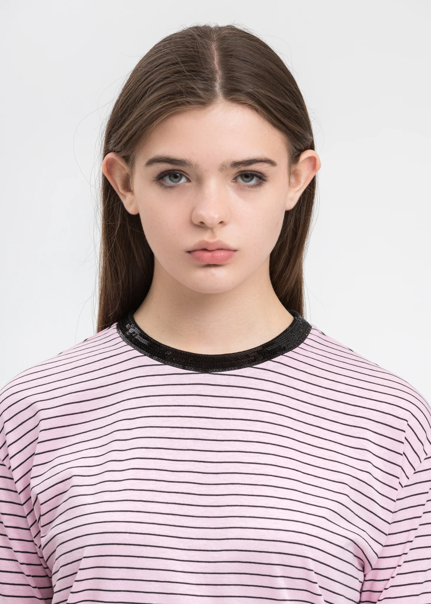 Pink Sequins Trim Neck Stripe Long Sleeve - Image 5