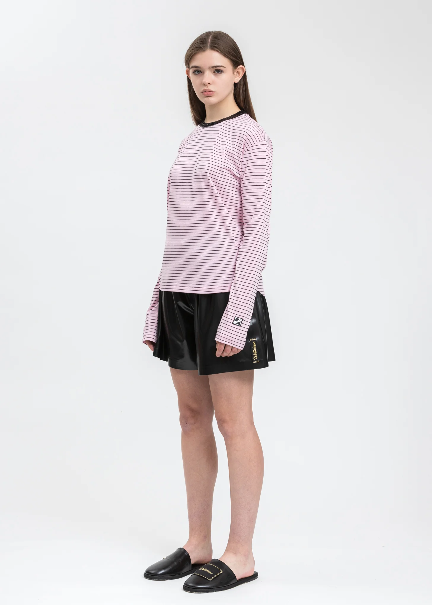 Pink Sequins Trim Neck Stripe Long Sleeve - Image 6