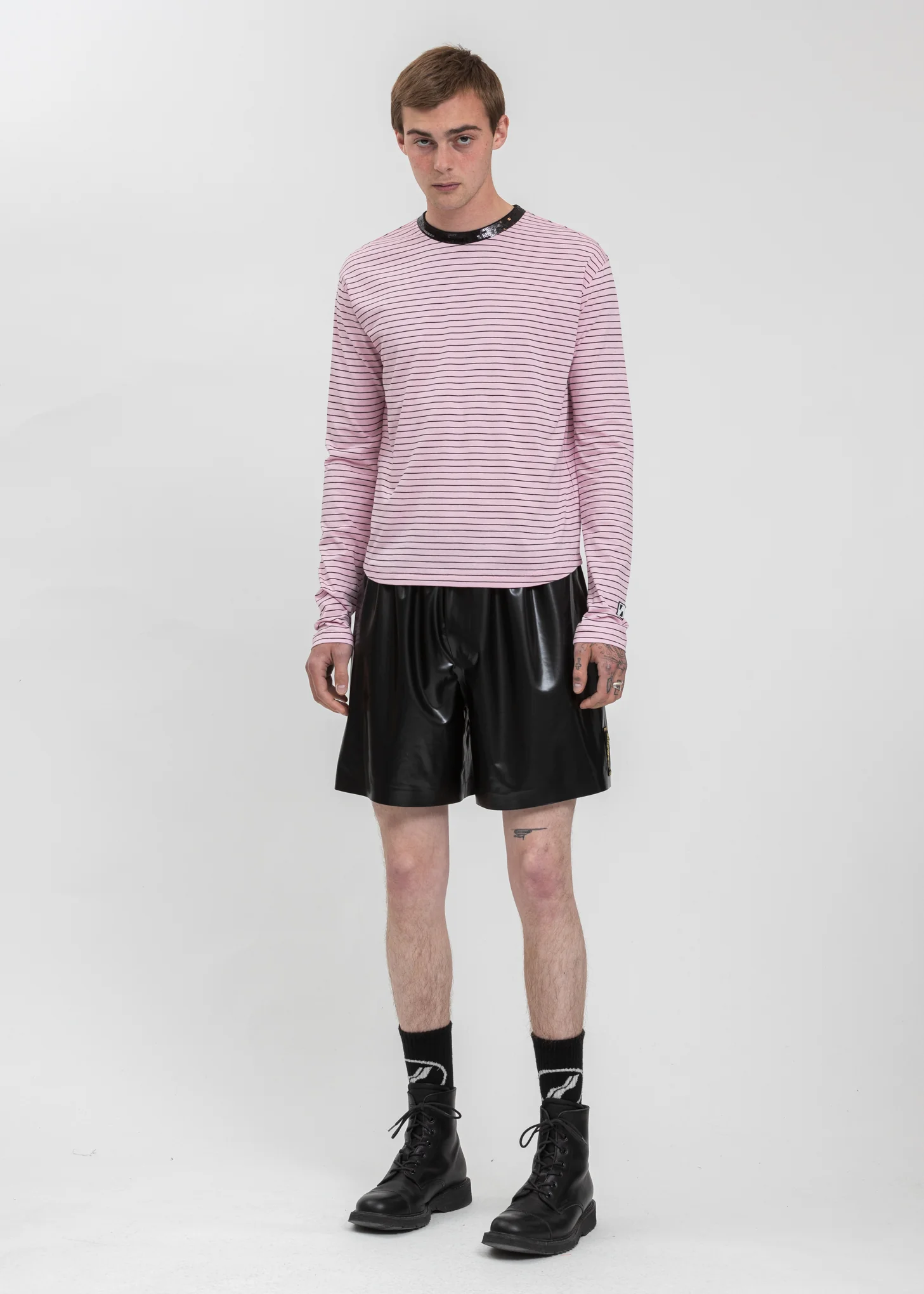 Pink Sequins Trim Neck Stripe Long Sleeve - Image 5