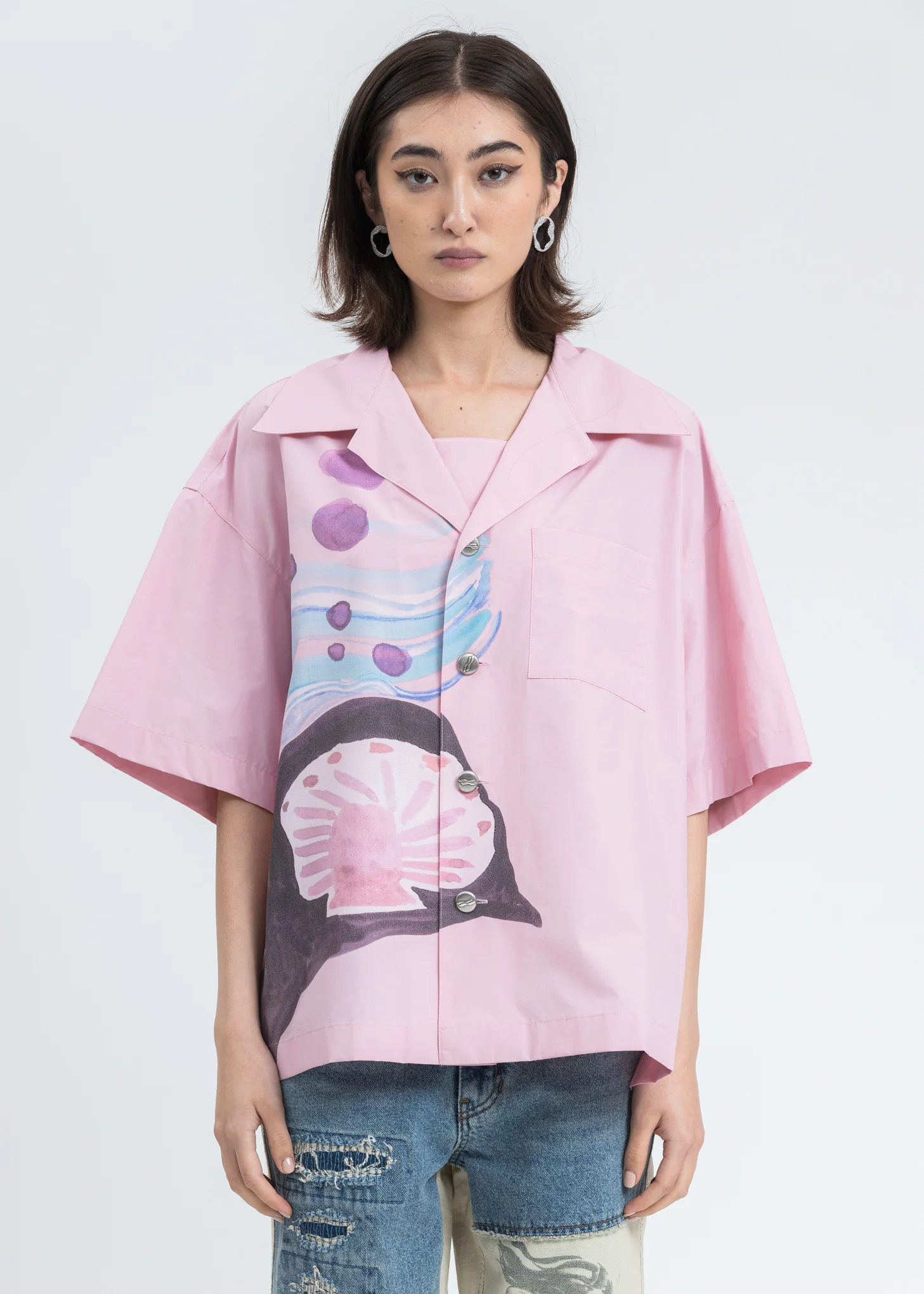 Pink Shell Print Short Sleeve Shirt