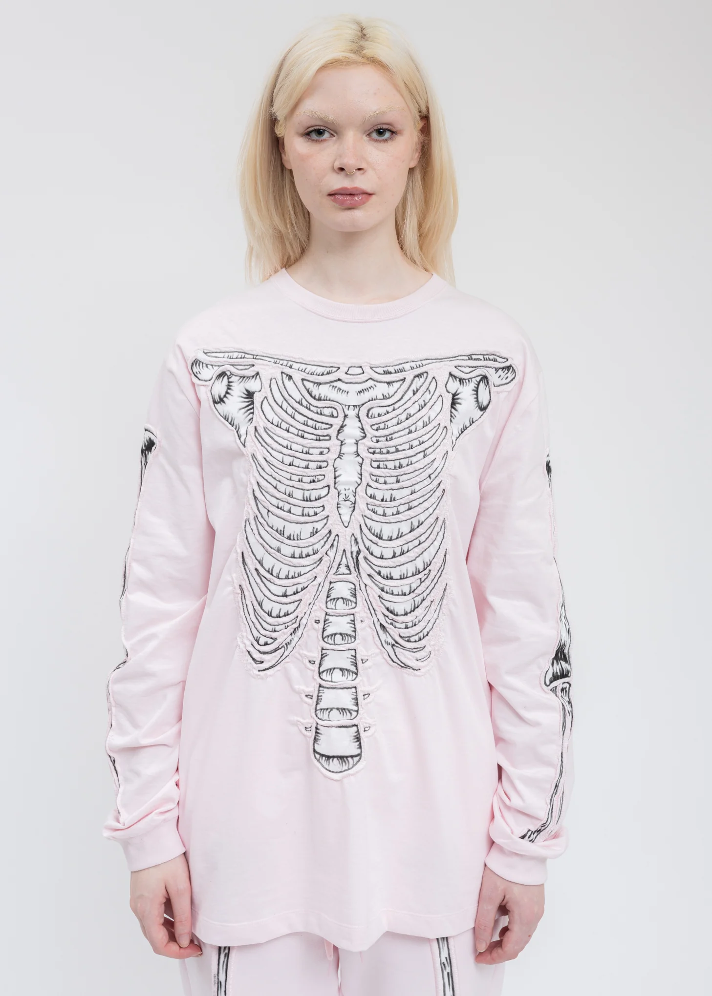 Pink SKULL SHIRRING EMBROIDERY LONG SLEEVE  T-Shirt