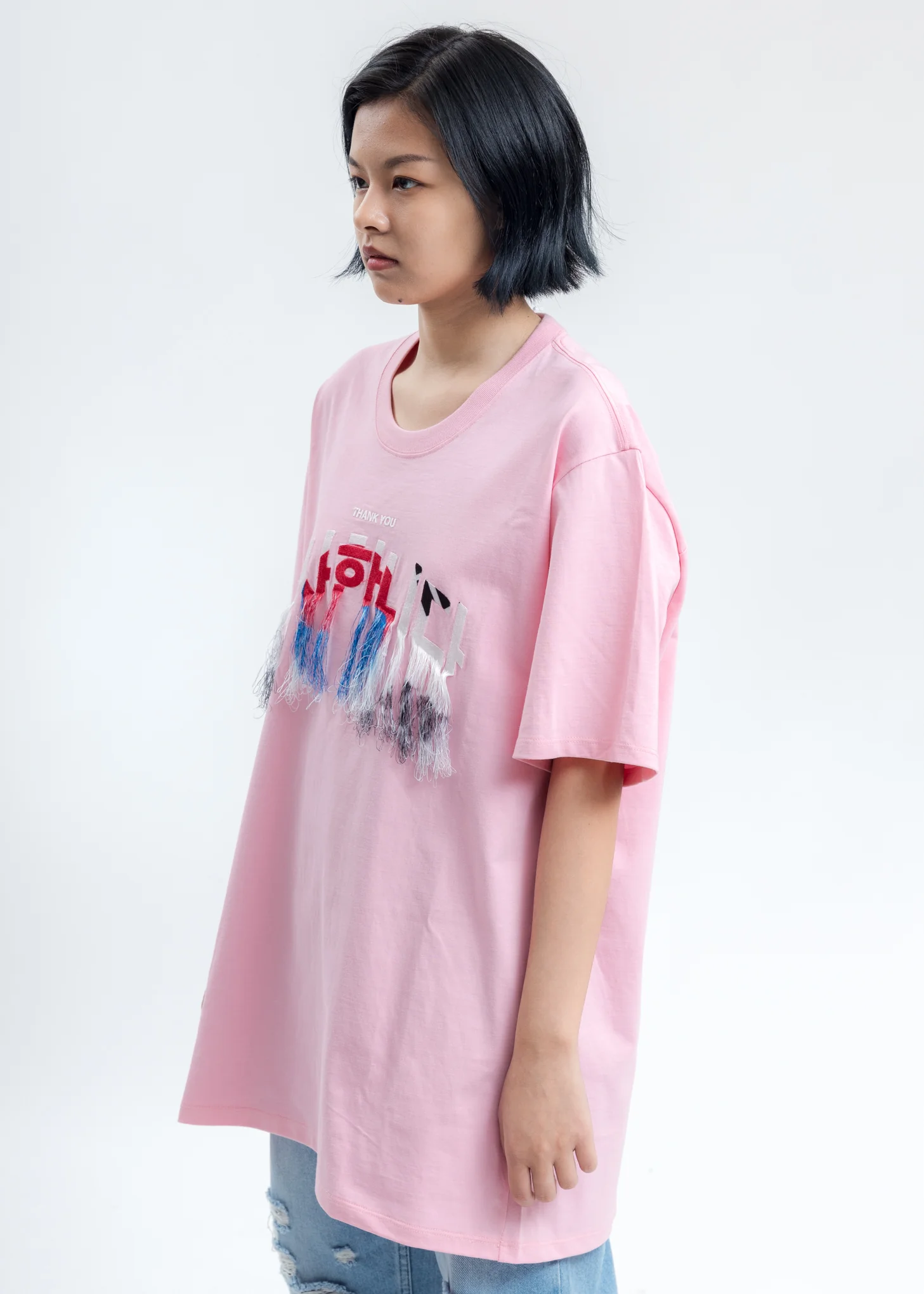 Pink Thank You Fringe Embroidery T-Shirt - Image 3