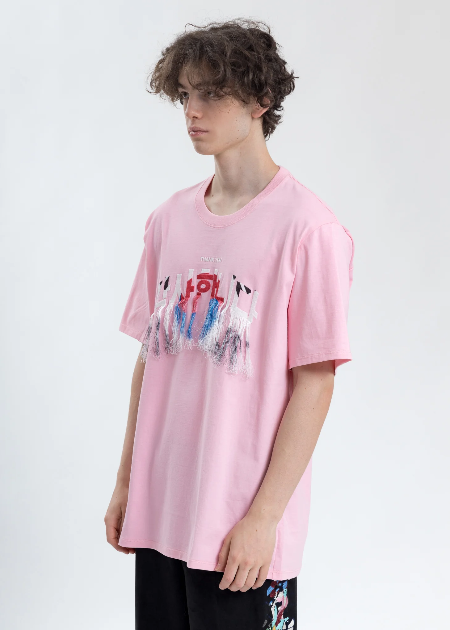 Pink Thank You Fringe Embroidery T-Shirt - Image 3