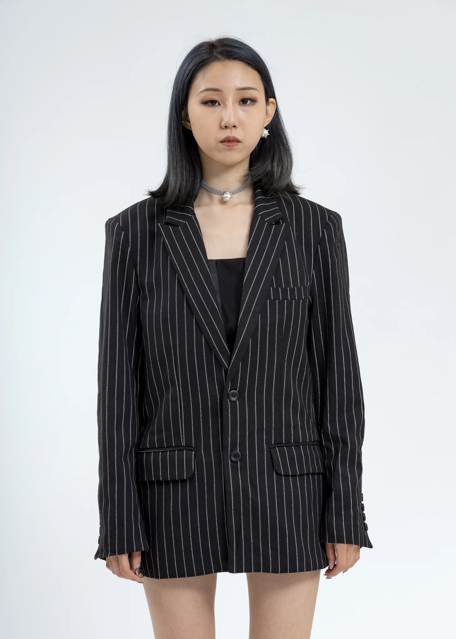 Black Pinstripe Oversized Blazer