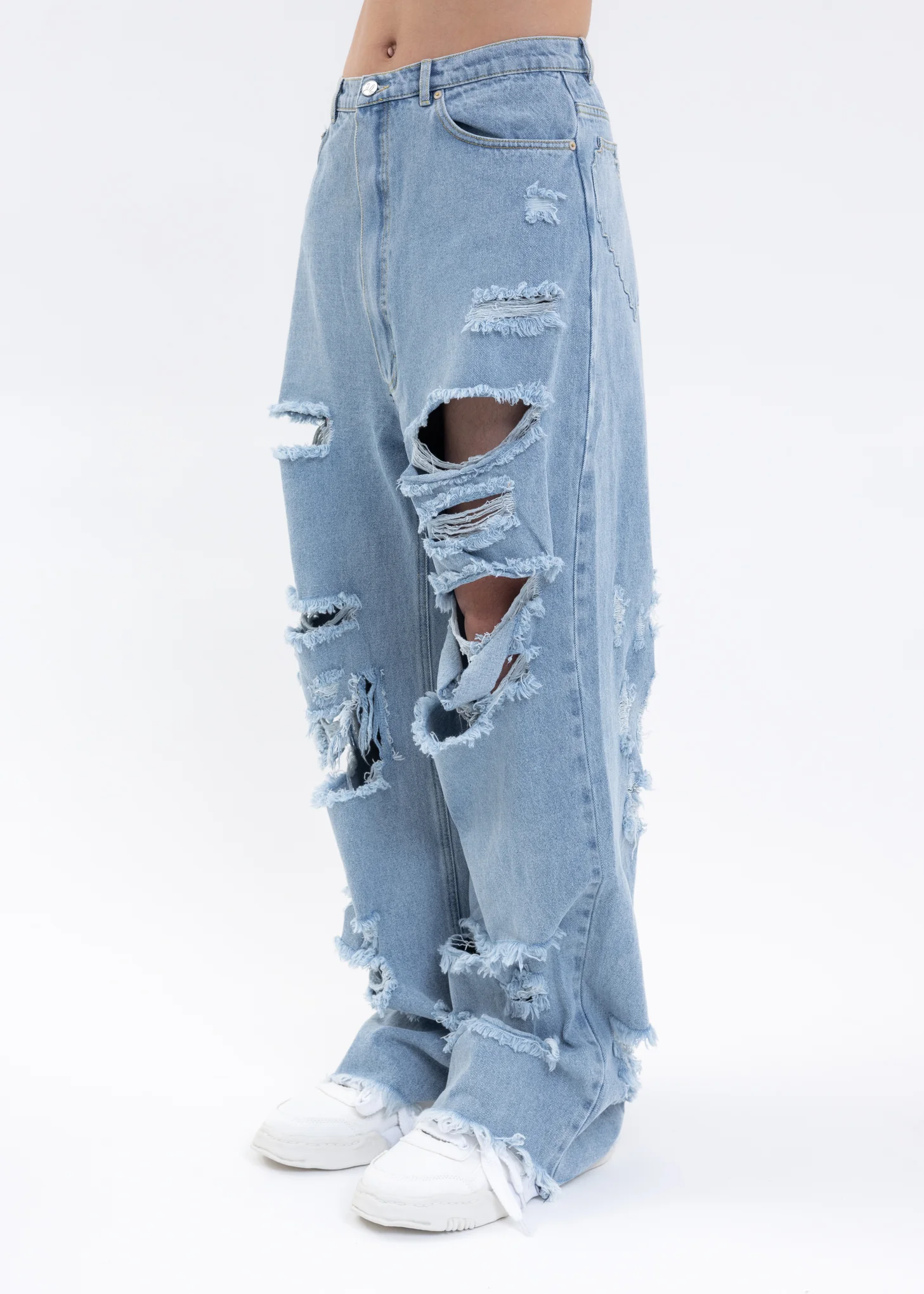 PIXEL HEART LIGHT WASH DENIM RAGGED JEANS - Image 3