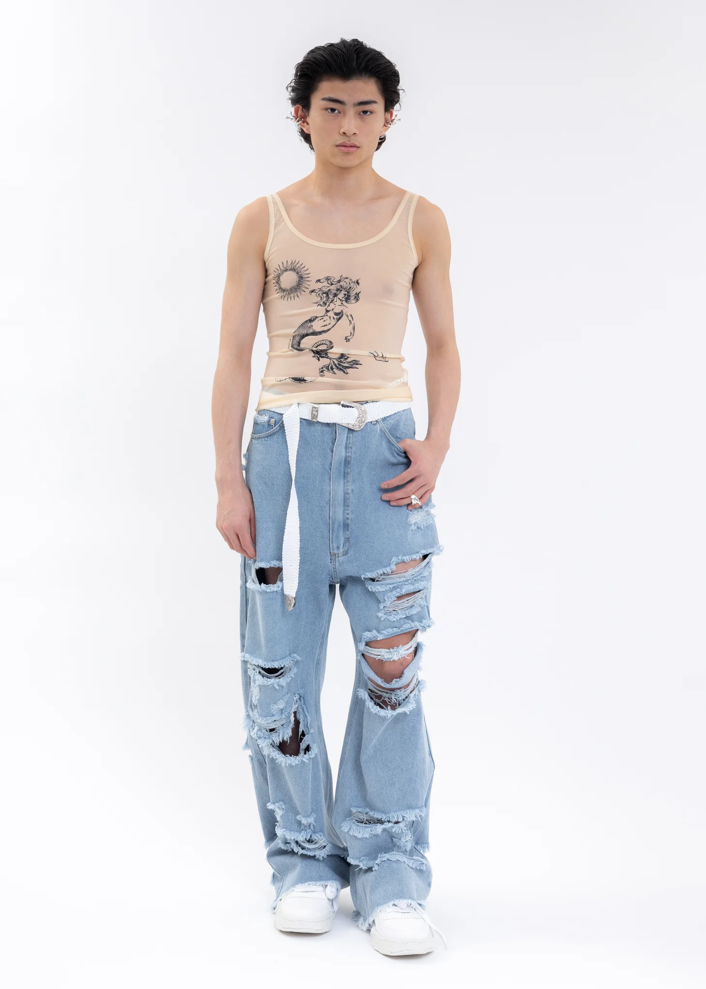 PIXEL HEART LIGHT WASH DENIM RAGGED JEANS - Image 7