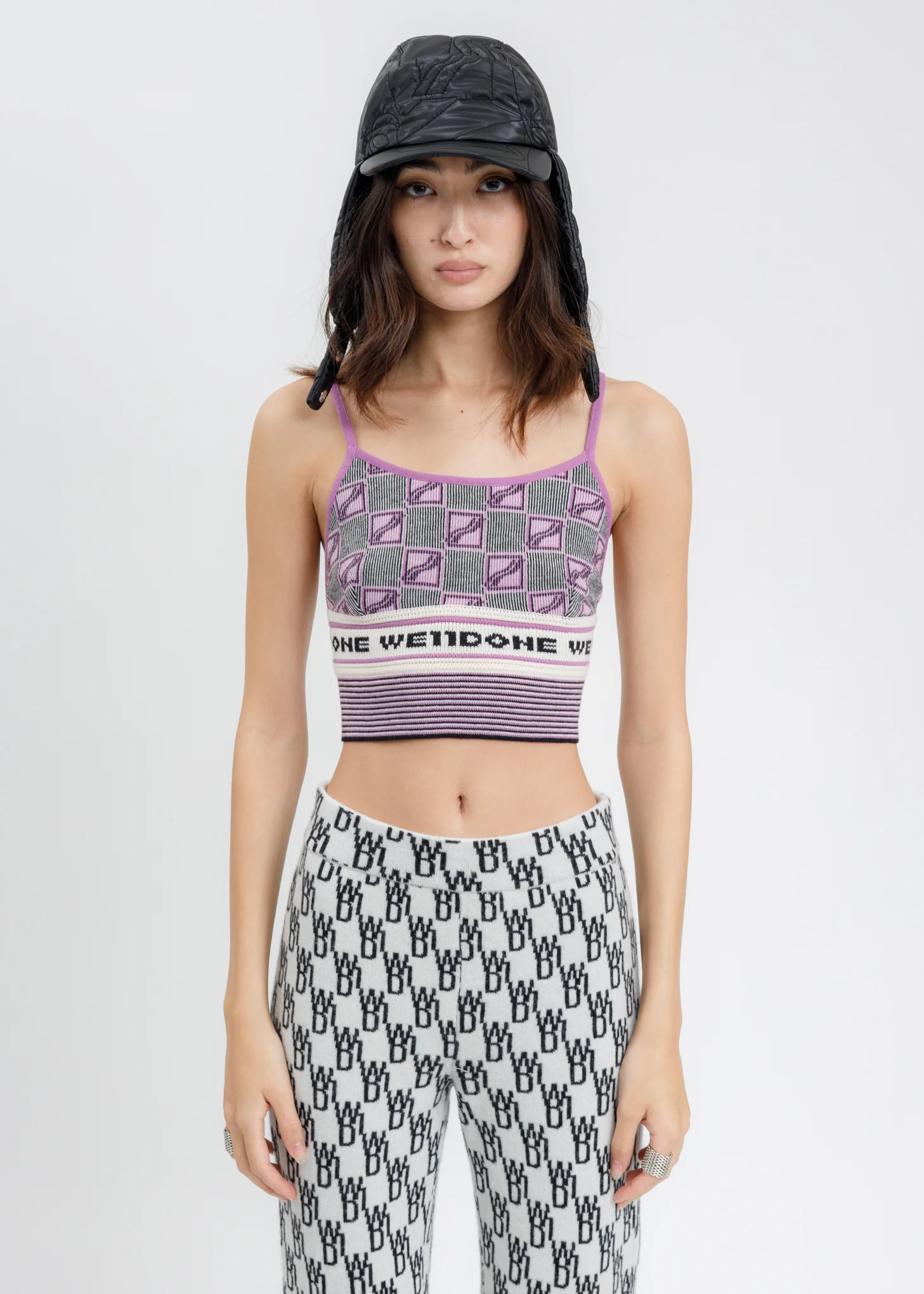 Purple All Over Logo Stripe Bra Top