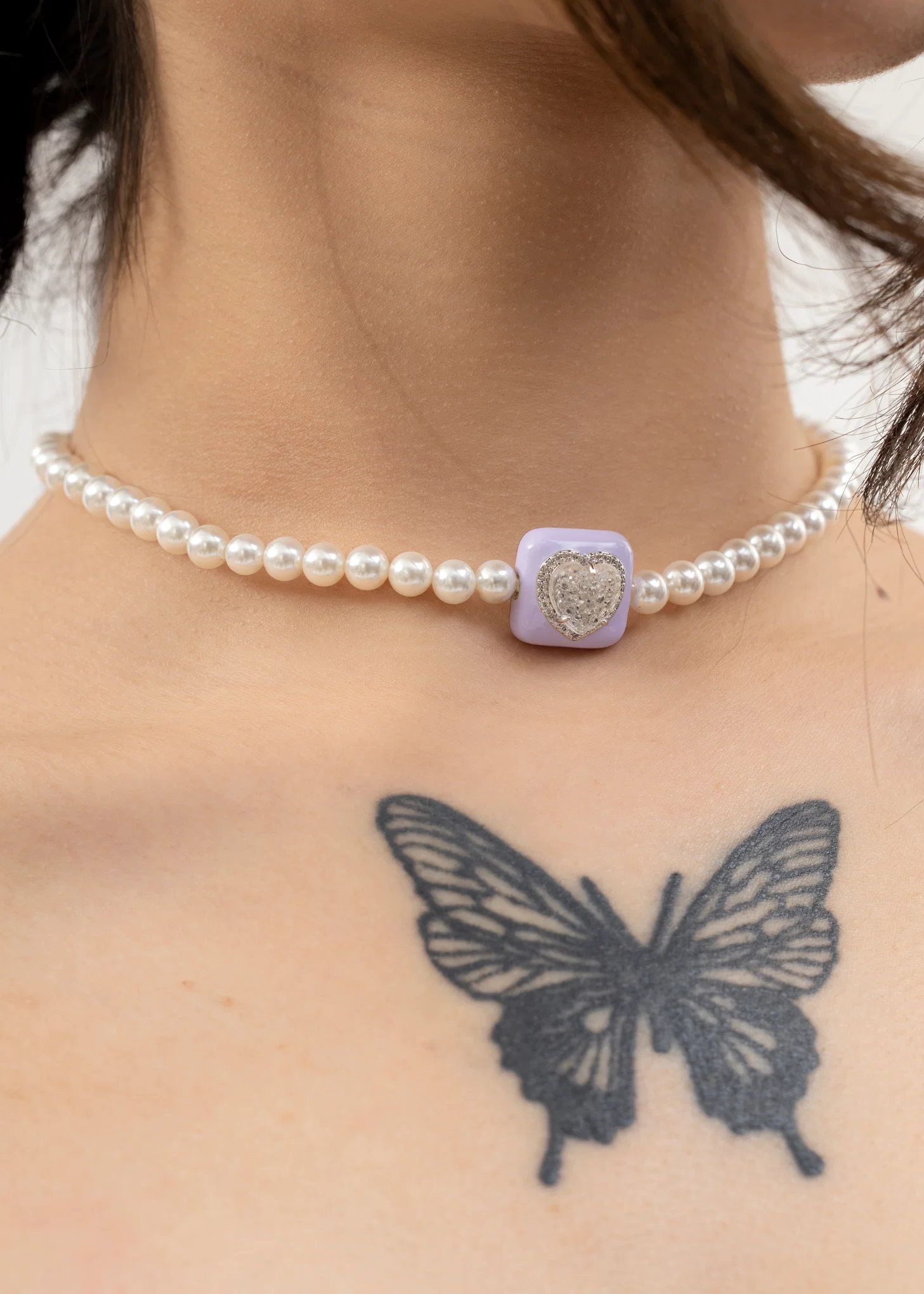 Purple And White Heart Pearl Necklace - Image 3