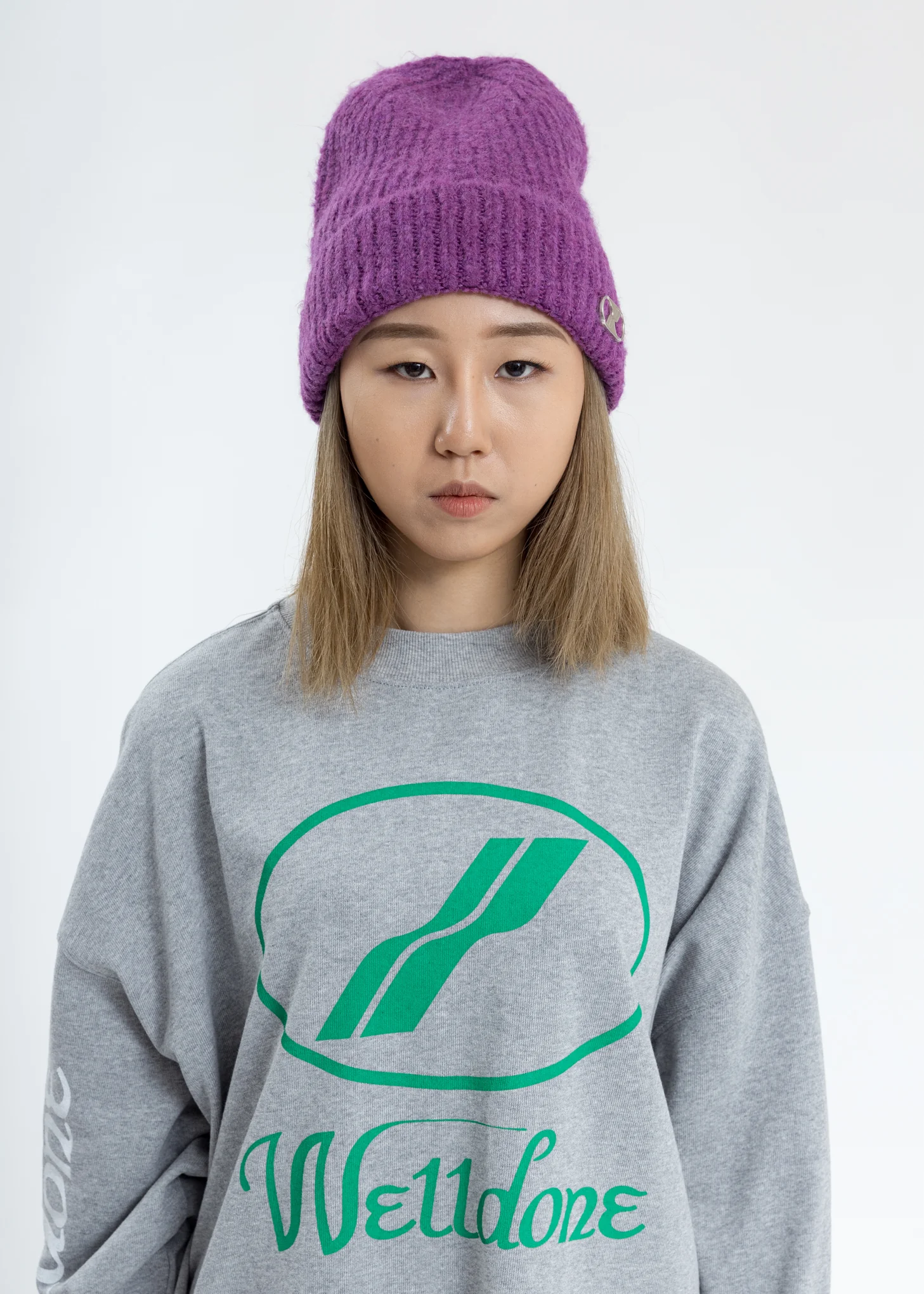 Purple Embroidered Metal Logo Long Beanie - Image 2