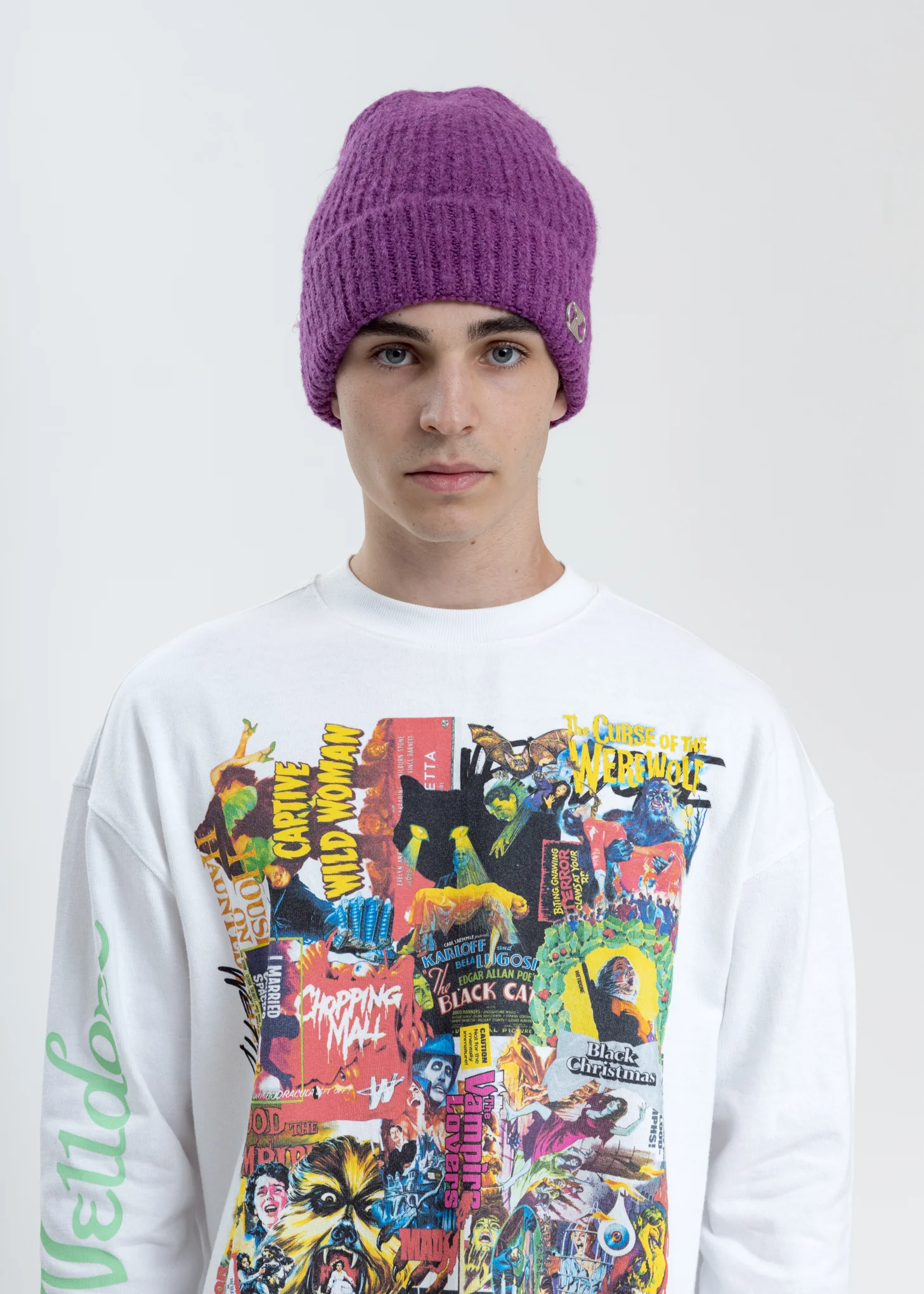 Purple Embroidered Metal Logo Long Beanie - Image 2
