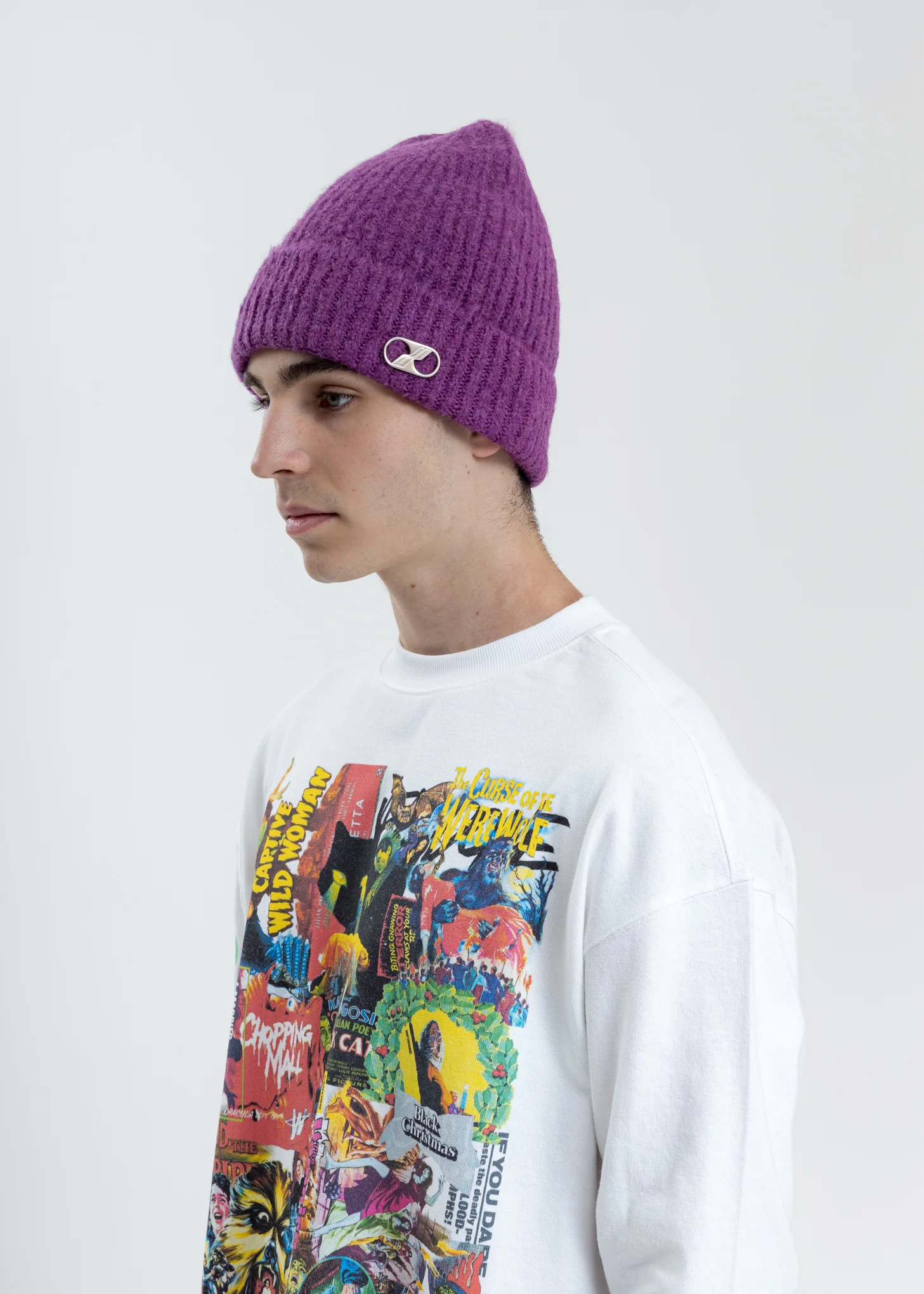 Purple Embroidered Metal Logo Long Beanie - Image 3