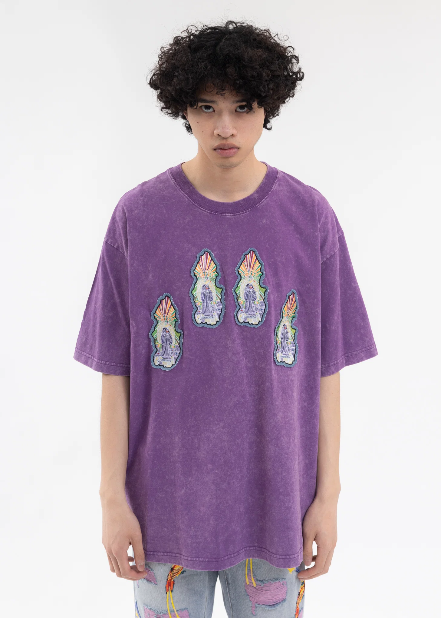 PURPLE EMBROIDERY PATCHWORK T-SHIRT