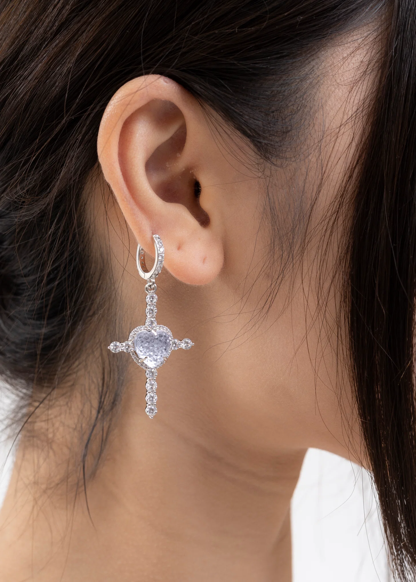 Purple Heart and Rhinestone Cross Earring - Single - Image 4