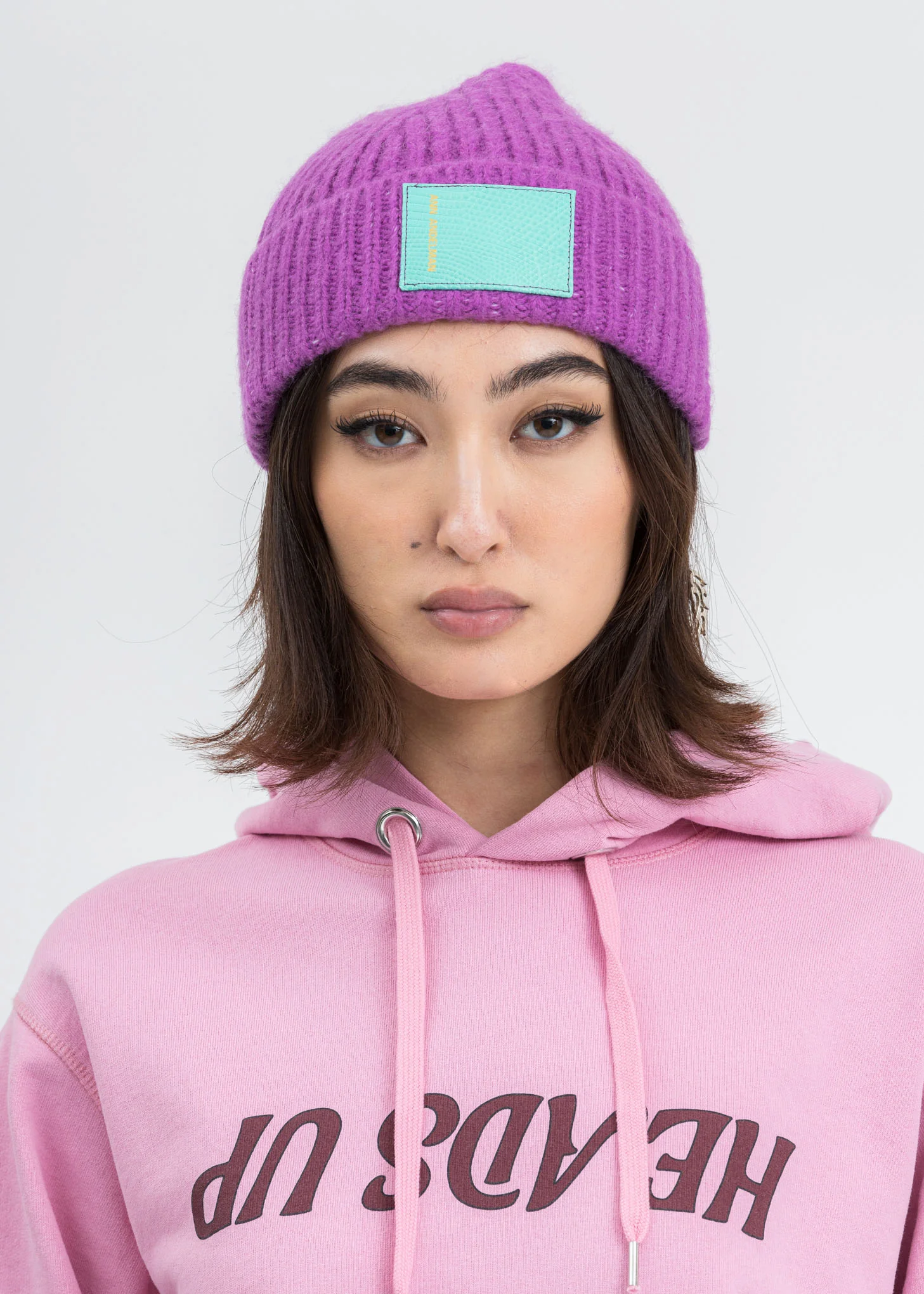 Purple Leather Pad Beanie